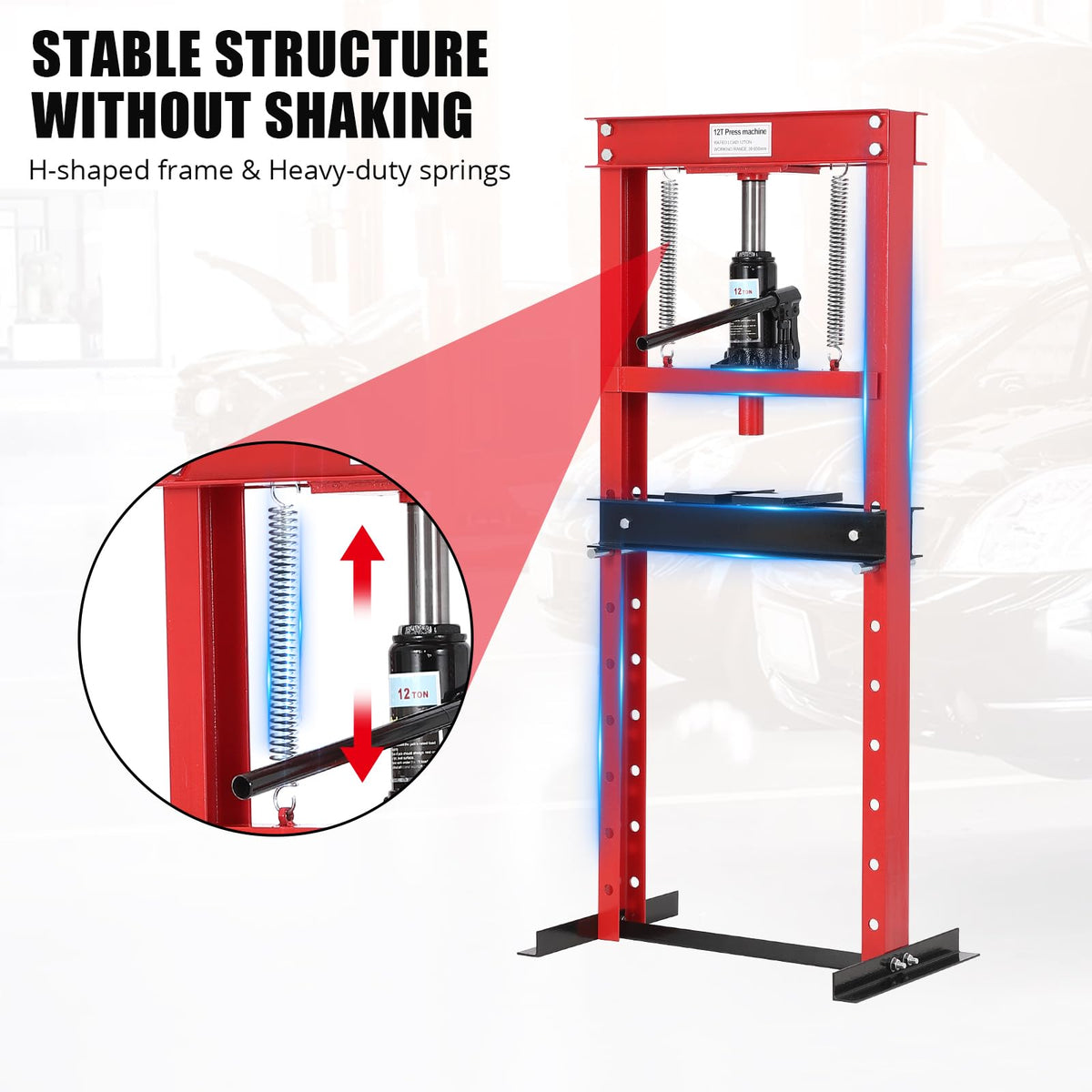 GarveeTech 12 T Hydraulic Press, H-Frame Bearing Press, Adjustable Working Table Height, Strong Load Capacity, for Car Repair Garage