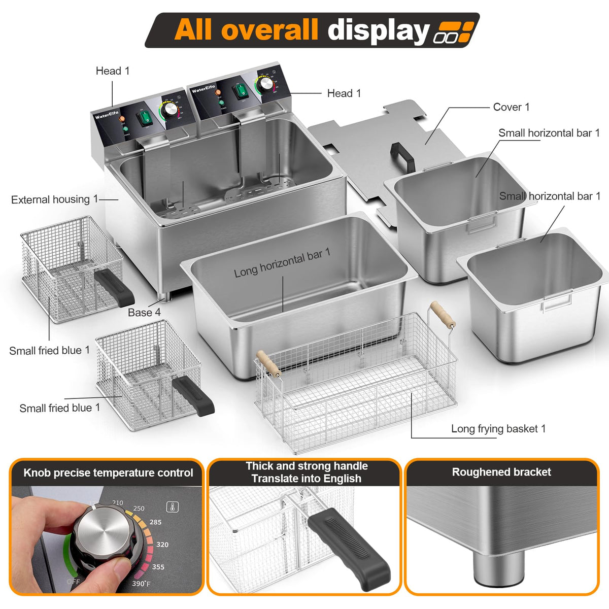 WaterElfo electric turkey fryer Commercial deep fryer with basket 3600W27.4QT with timer26L deepen deep fryer Variable twin cylinder 13.7QT*2 Rapid heating