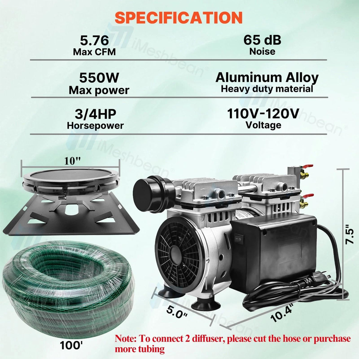 iMeshbean Pond Aerators 5.76CFM Pond & Lake Aeration System for Up to 3 Acres 50' Lake, 3/4 HP Air Compressor with a 100' Weighted Tubing & 2 Diffusers for Deep Water Oxygen Circulation