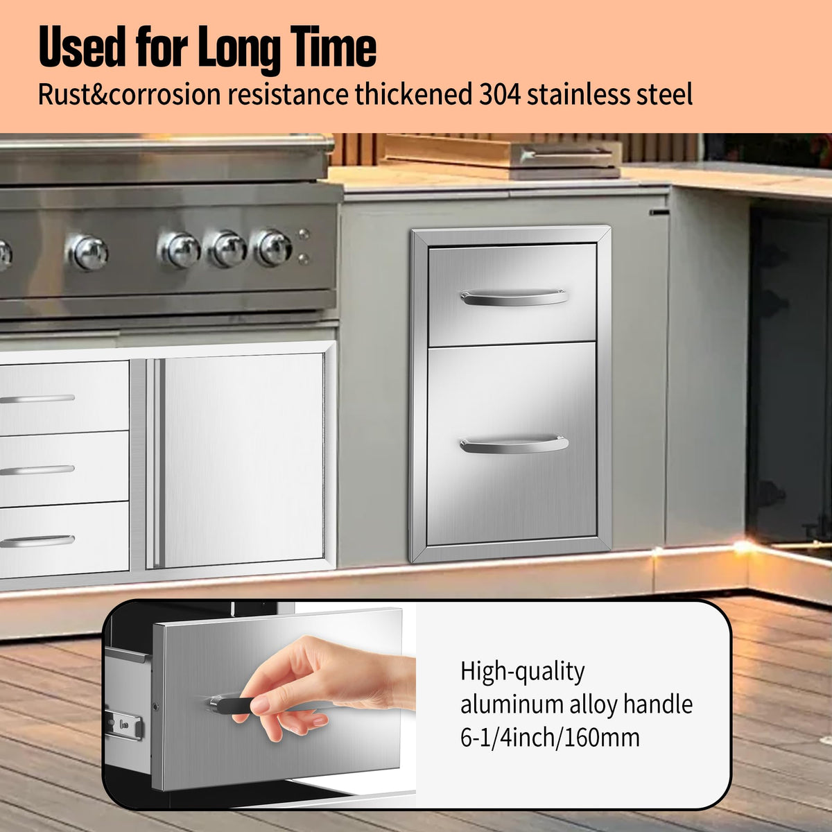 RAILEN Outdoor Kitchen Drawers 13" W x 20" H x 21" D Built-in BBQ Drawer Stainless Steel Access Drawers for Outdoor Kitchen Island or Grill Station