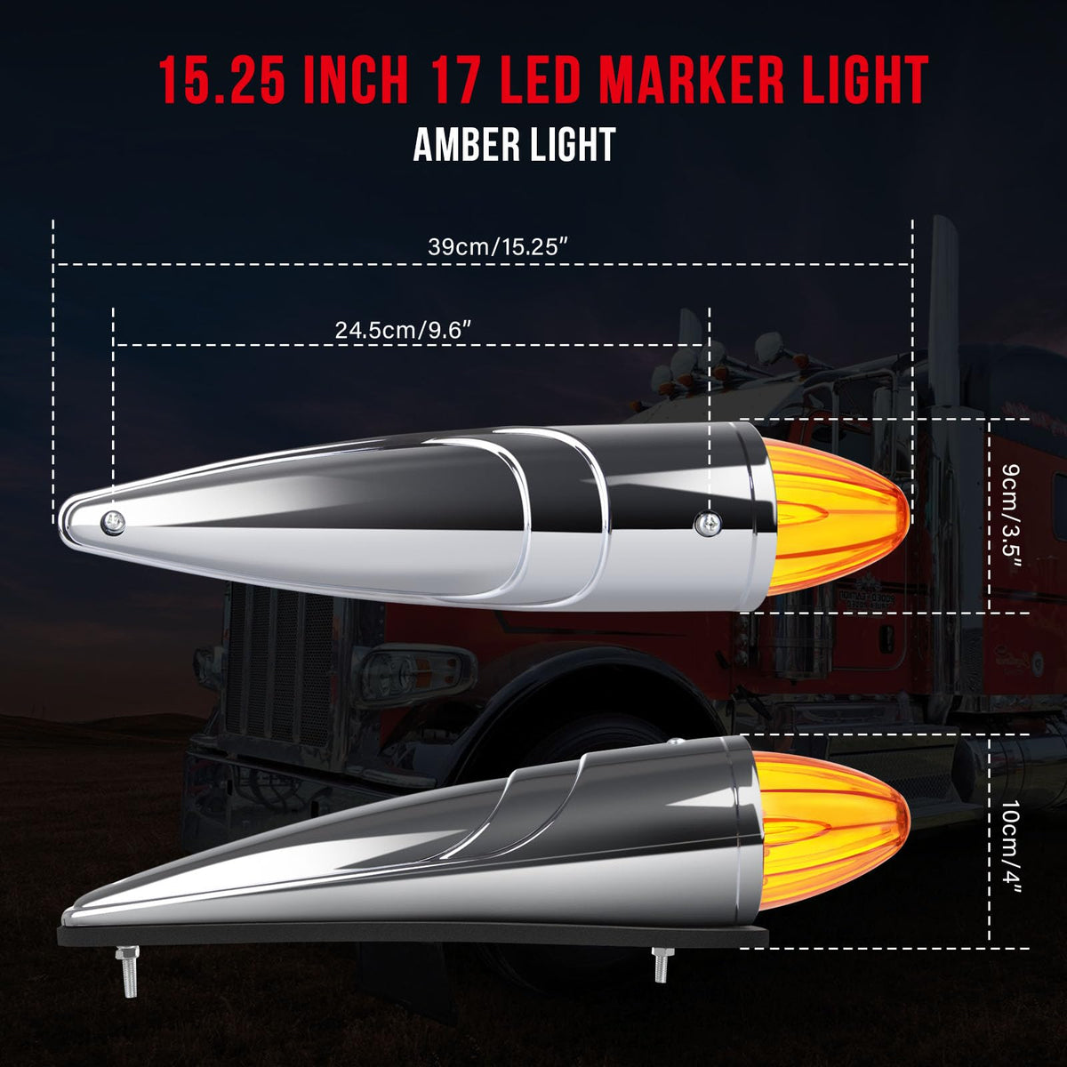cciyu 11x Truck Cab Marker Light 17 LED Torpedo Cab Marker Lights Chrome Heavy Duty Trucks Replacement for International Kenworth/Peterbilt/Freightliner/Mack Amber Top Roof Running Light