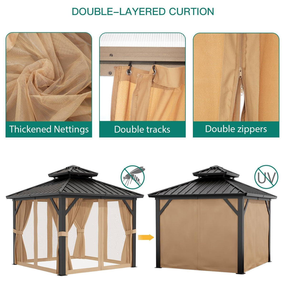 10x10 ft Hardtop Gazebo with Galvanized Steel Double Roof, Heavy Duty Galvanised Steel Hardtop Pavilion with Nettings and Curtains for Party, Wedding, Outdoor Dining, Patio, Backyard