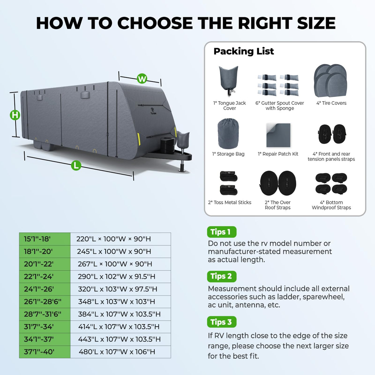 Fonzier RV Cover 15-18ft: Extra Thick 7 Layers Travel Trailer Cover with 4 Tire Covers, Waterproof Camper Cover, Extra Windproof Ropes, Gutter Cover, Rip-Stop Anti-UV