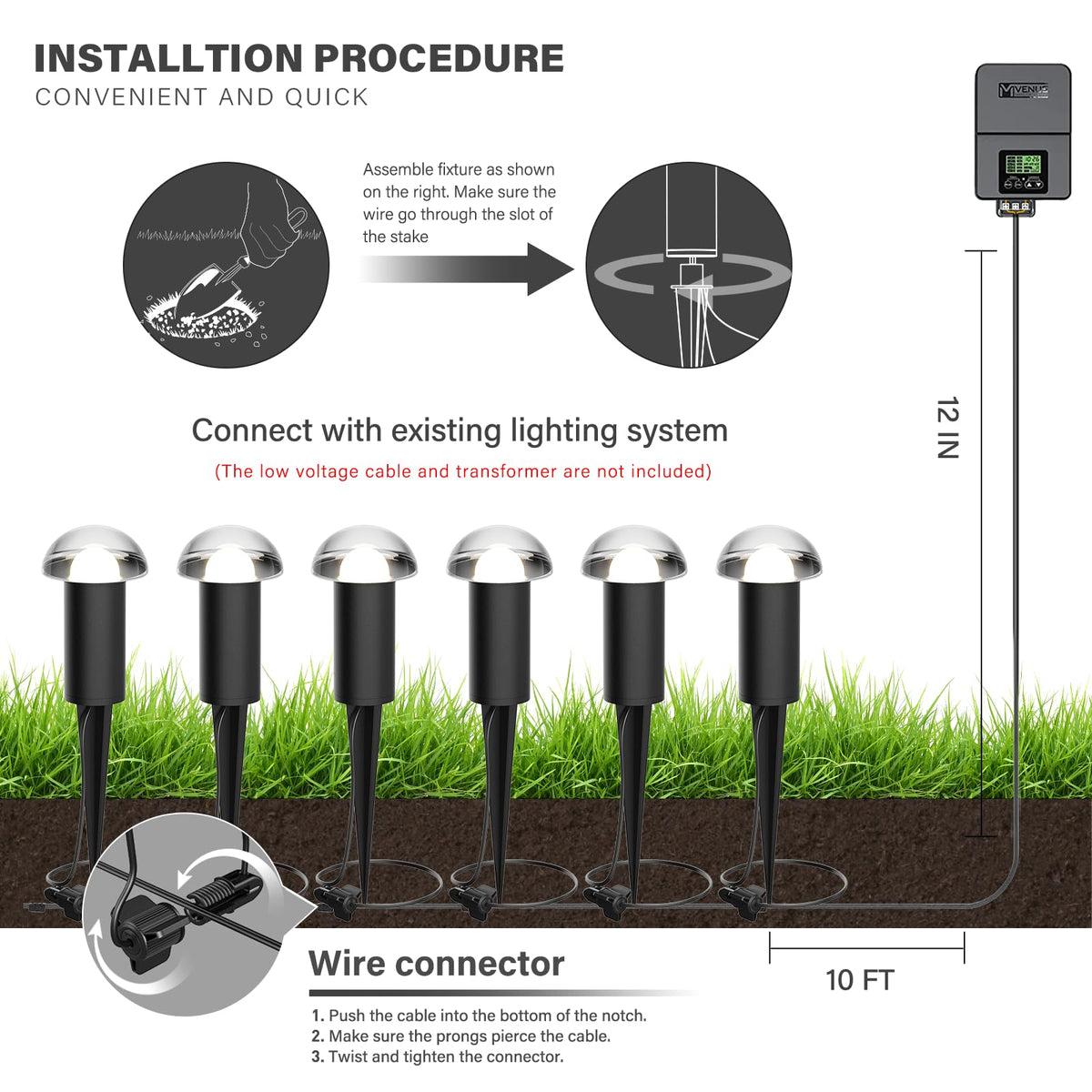 VENUS MANUFACTURING Low Voltage Landscape Pathway Lighting 6PK 1.5W LED Mushroom Lights 35Lumen Wired Walkway Light 3000K Warm White Driveway & Sideway Lights Metal Black Finish with Connector Stake