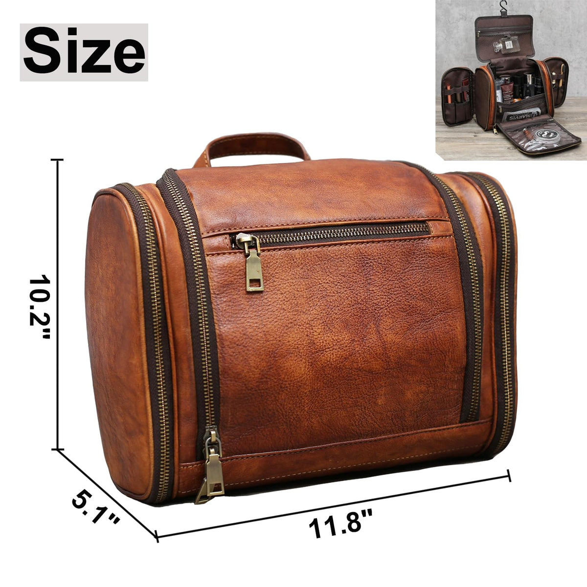 RC ROCKCOW Toiletry Bag For Men, Genuine Leather Toiletries Organizer, Large Travel Hanging Toiletry Bag Water-resistant Bathroom Shaving Kit for Cosmetics, Makeup Case Travel Dopp Kit