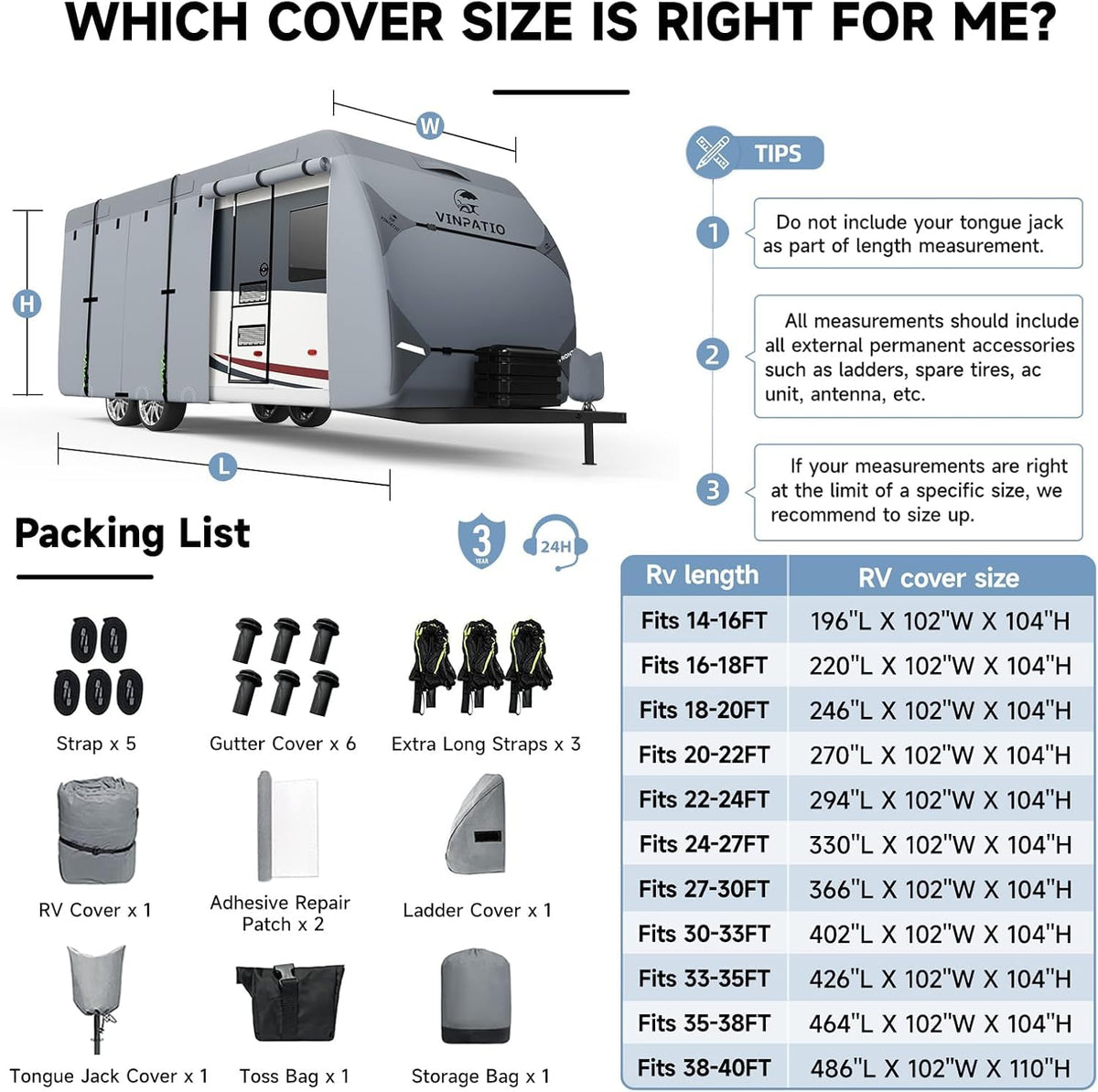 VINPATIO RV Cover, 7 Layers Heavy Duty RV & Trailer Cover, Toy Hauler Cover Fits 35'-38' RV Travel Trailer Camper Cover with Tongue Jack Cover, Extra Windproof Straps, Gutter Covers