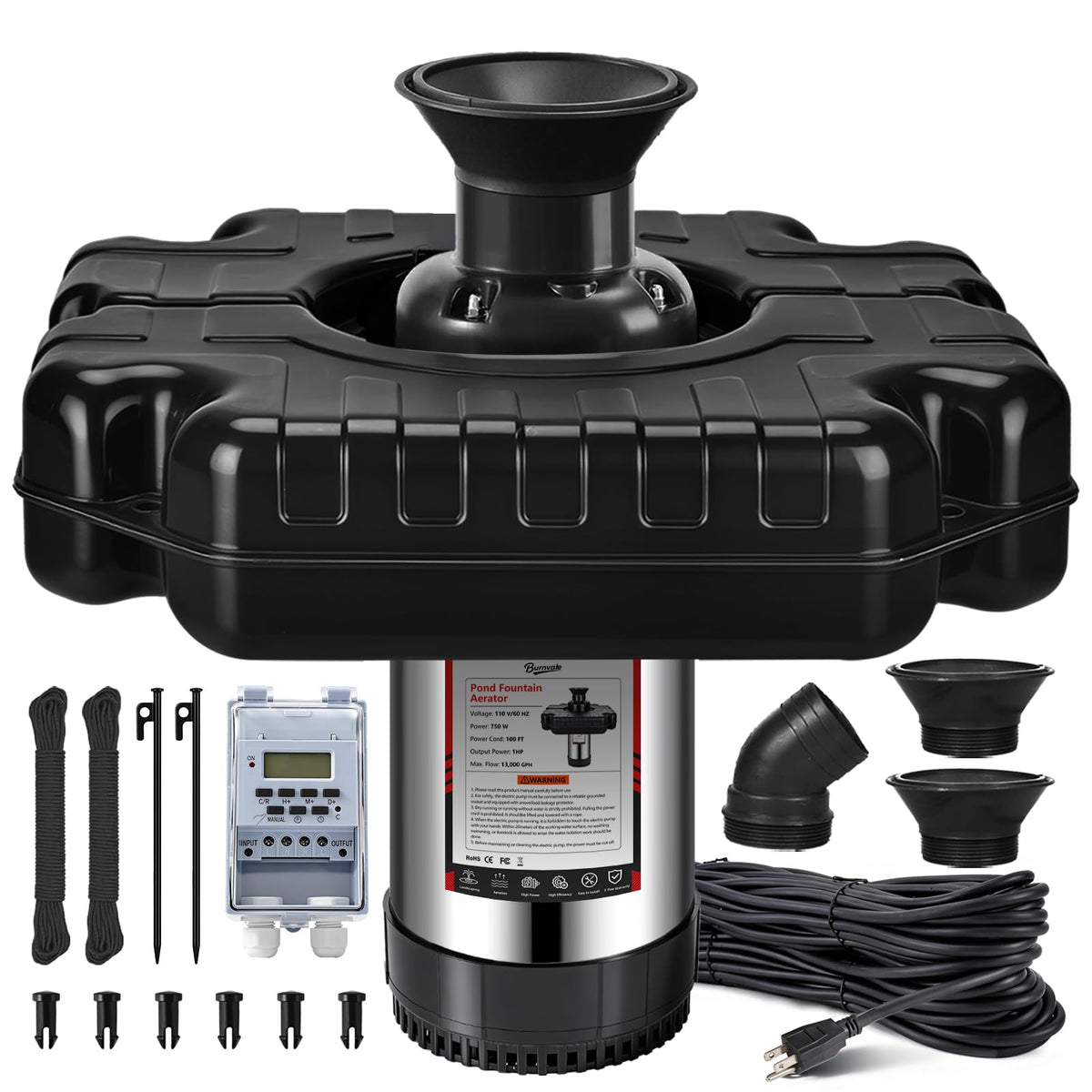 Burnvale Pond Fountain Aerator, 1HP 110V 750W Floating Pond Fountain, With 100 FT Power Cord，Waterproof Timer，2x100 FT Traction Rope，Floating Water Fountains for Ponds