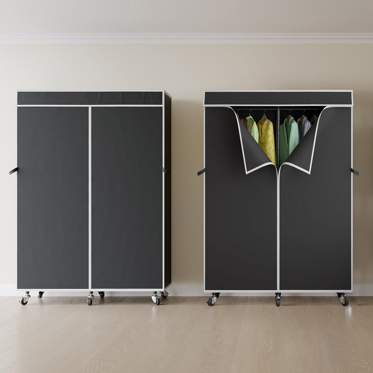 Higeego H9 Garment Rack with Cover, Heavy Duty Clothing Rack for Hanging Clothes, Portable Closet with wheels, Wardrobe Closet with Adjustable Shelves, Black Rack Shelf with Black Fabric Cover