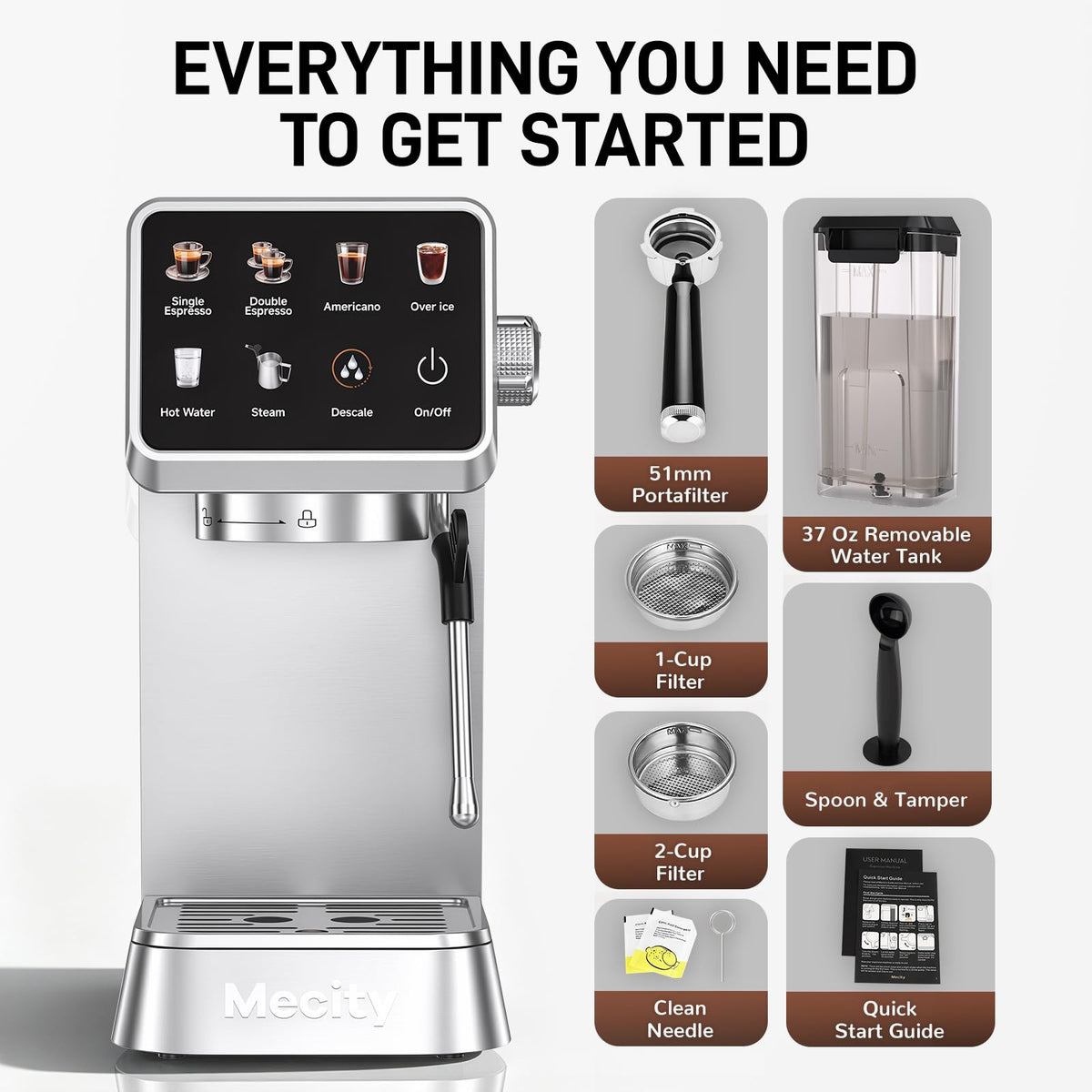 Mecity 20 Bar Espresso Machine with Milk Frother, Touchscreen Coffee Maker for Espresso, Americano & Over Ice Coffee, Compact Stainless Steel Latte & Cappuccino Maker