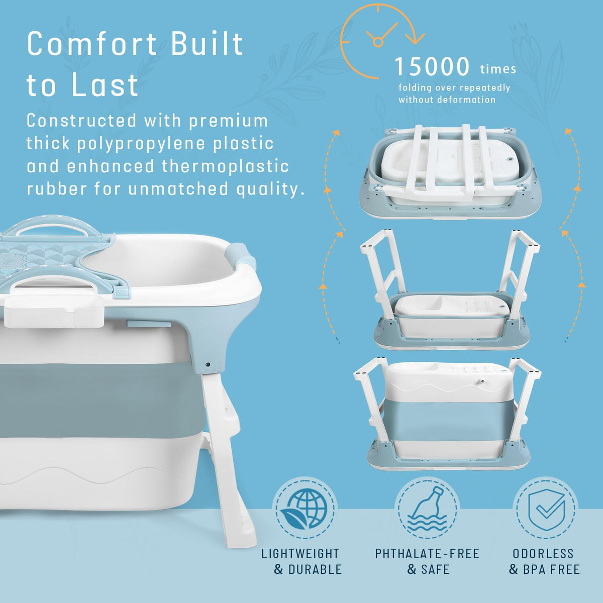 Portable Foldable Bathtub for Adult, 41" Small Foldable Tub with Ergonomic Seat & Massage Roller, Large Capacity Soaking Tub for Adults with Thermal Cover (Blue)