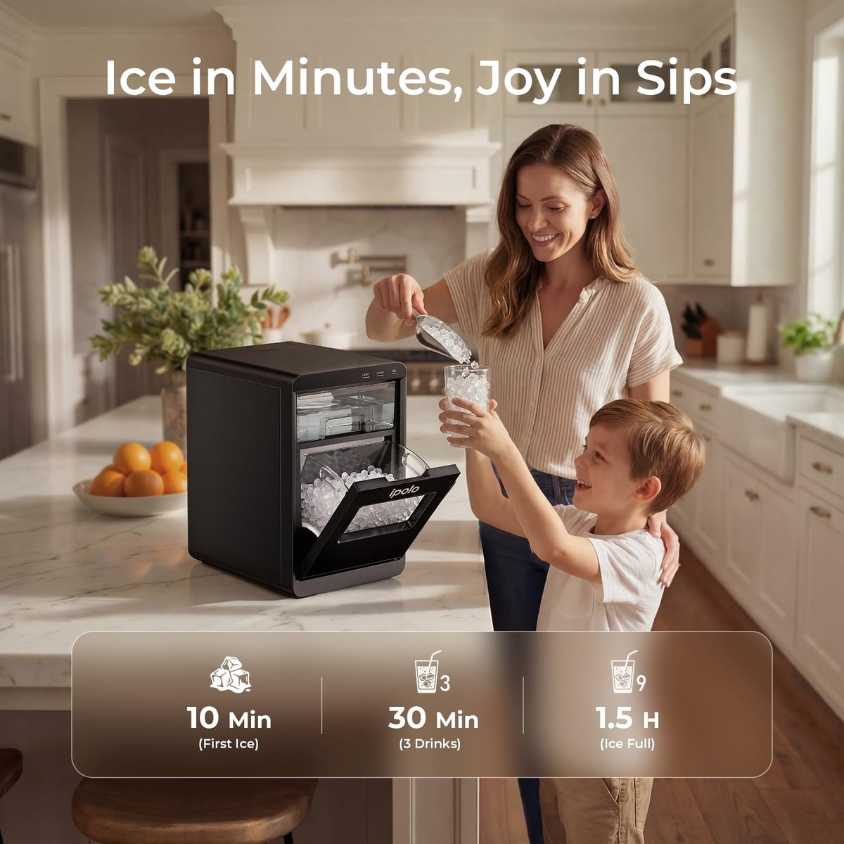 ipolo Nugget Ice Maker Countertop: 44lb/Day, Self-Cleaning, Black Stainless Steel, Portable, Soft Chewable Pebble Ice Machine for Home Kitchen, RV & Office