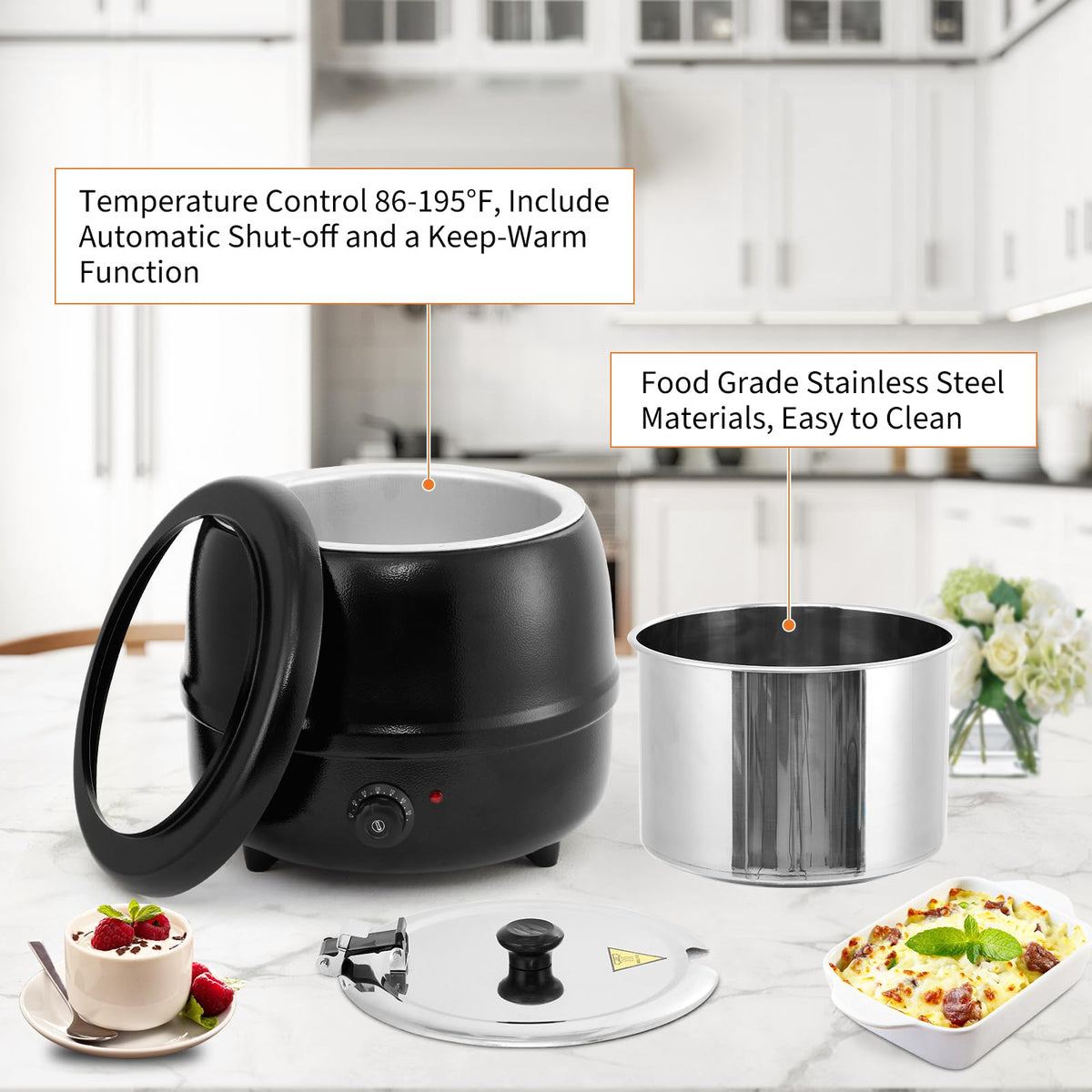 13.7 Quarts Commercial Soup Kettle, Large Capacity Soup Warmer with Stainless Steel Removable Insert Pot, Hinged Lid & Stable Base, Automatic Food Warmer for Buffet, Party, Catering, Restaurant