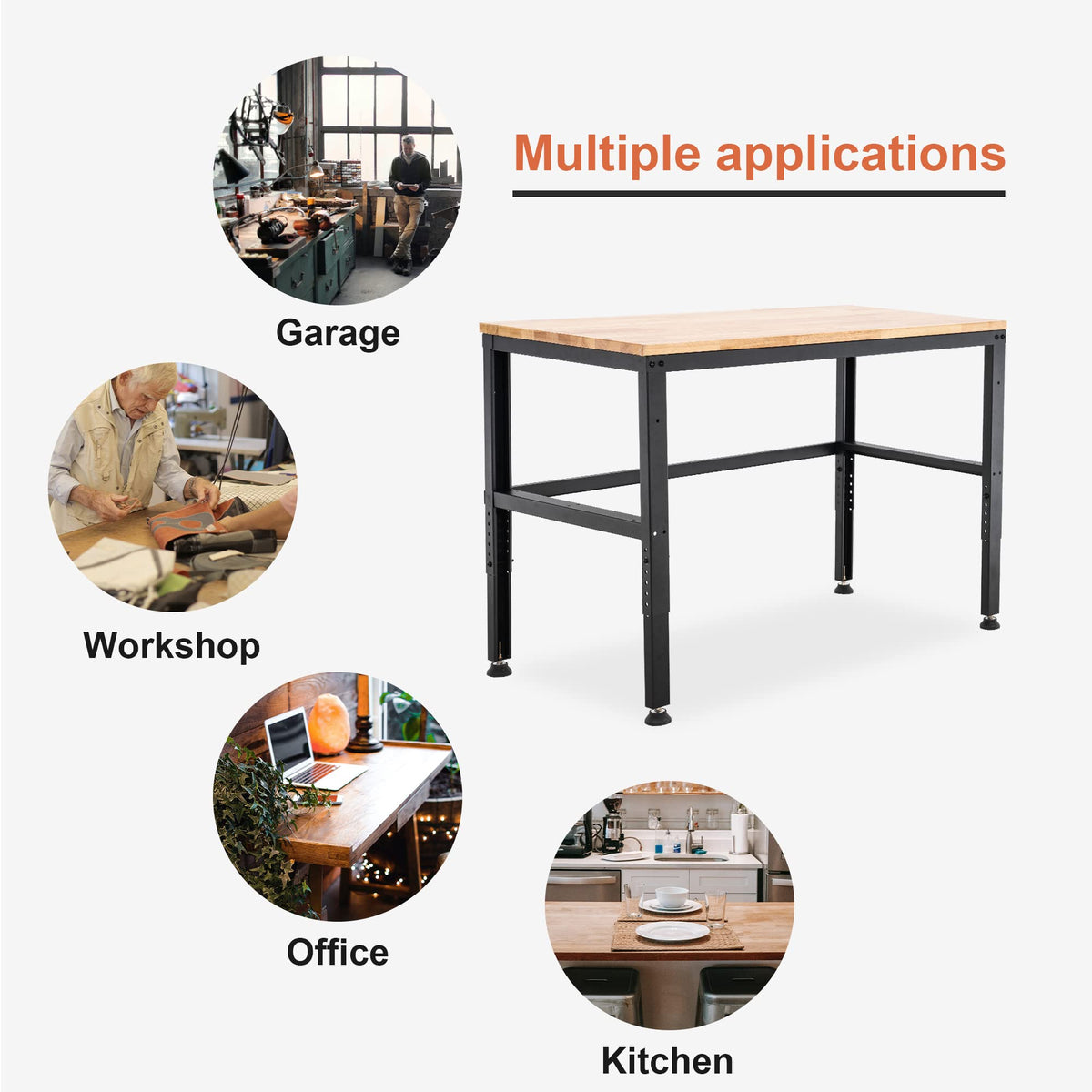 MCombo 48" Adjustable Workbench with Oak Wood Top, Overall Steel Frame Worktable for Garage, Workstation for Workshop and Home Improvement WD48