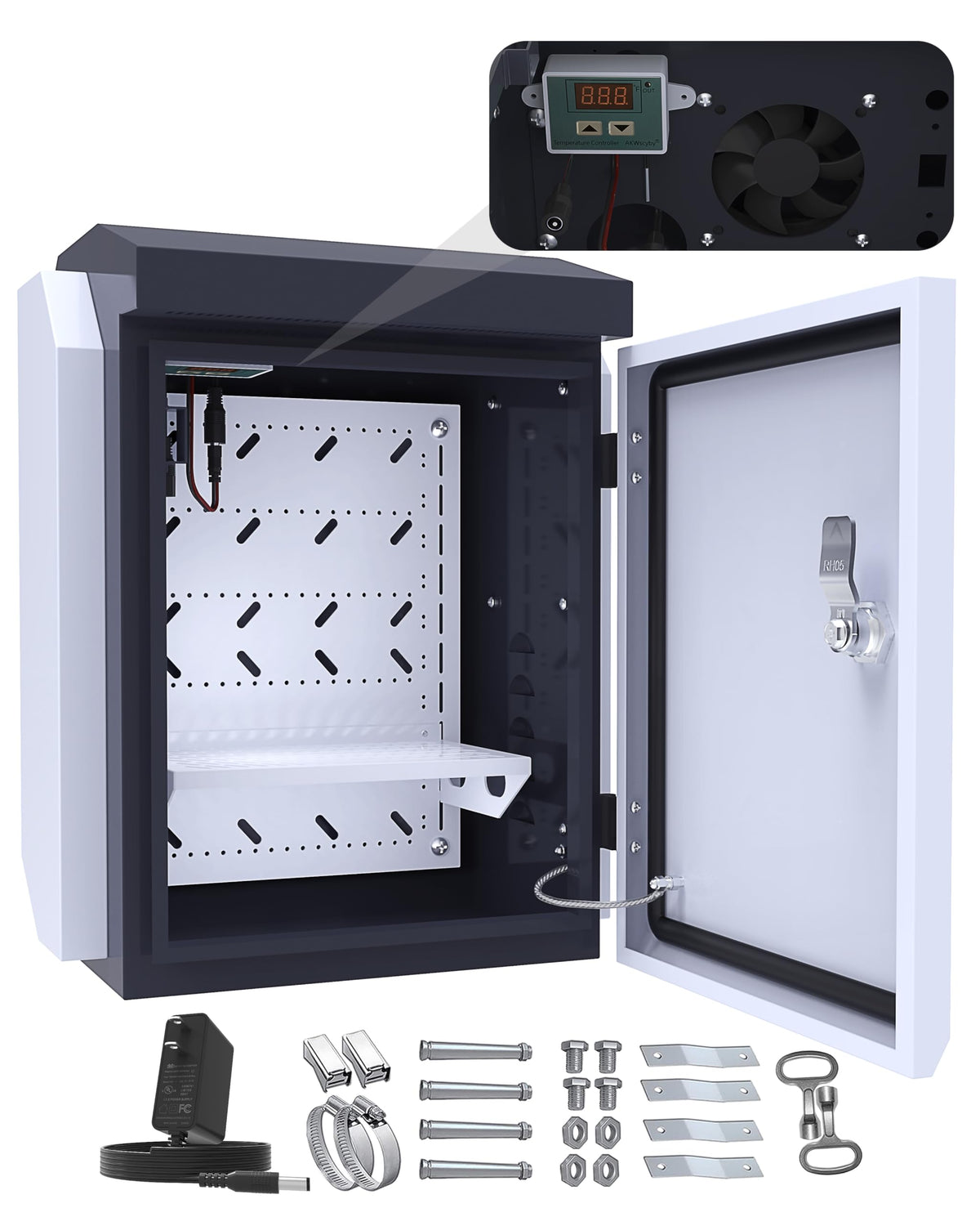 Akwscyby Outdoor Electrical Box with Thermostat and Fan, Precise Temperature Control 0.1°F, IP65 Water Resistant Rating, Galvanized Steel, Aluminum Rear Beam(17.7"x13.4"x9.0")