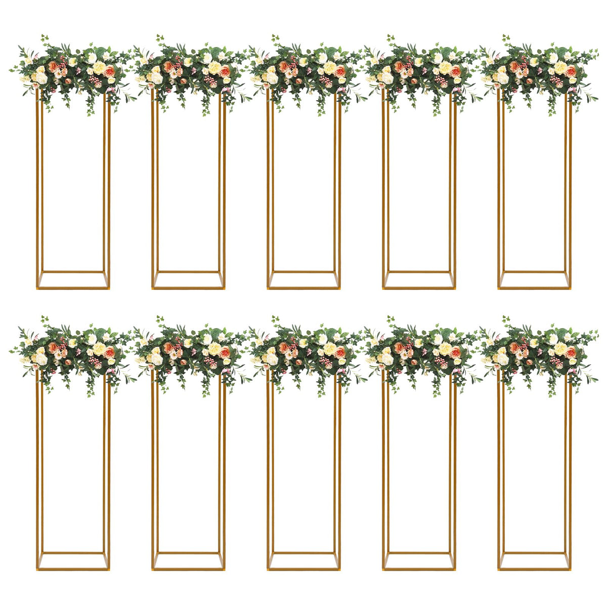 Gdrasuya10 23inch/60cm 10Pcs Gold Flower Stand for Centerpieces,Gold Vase Metal Column Stand,Wedding Flower Stand Tall, Rectangular Frame Flower Stand Geometric Stand for Wedding Party Decoration