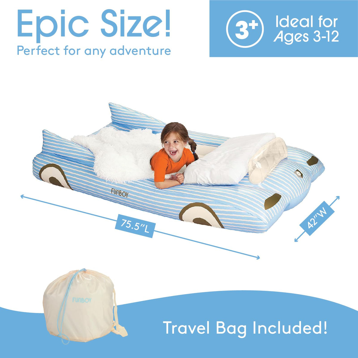 FUNBOY Kids Blue Inflatable Travel Bed & Mattress. Perfect for Sleepovers. Includes Carrying Case Storage Bag, Twin (Pack of 4)