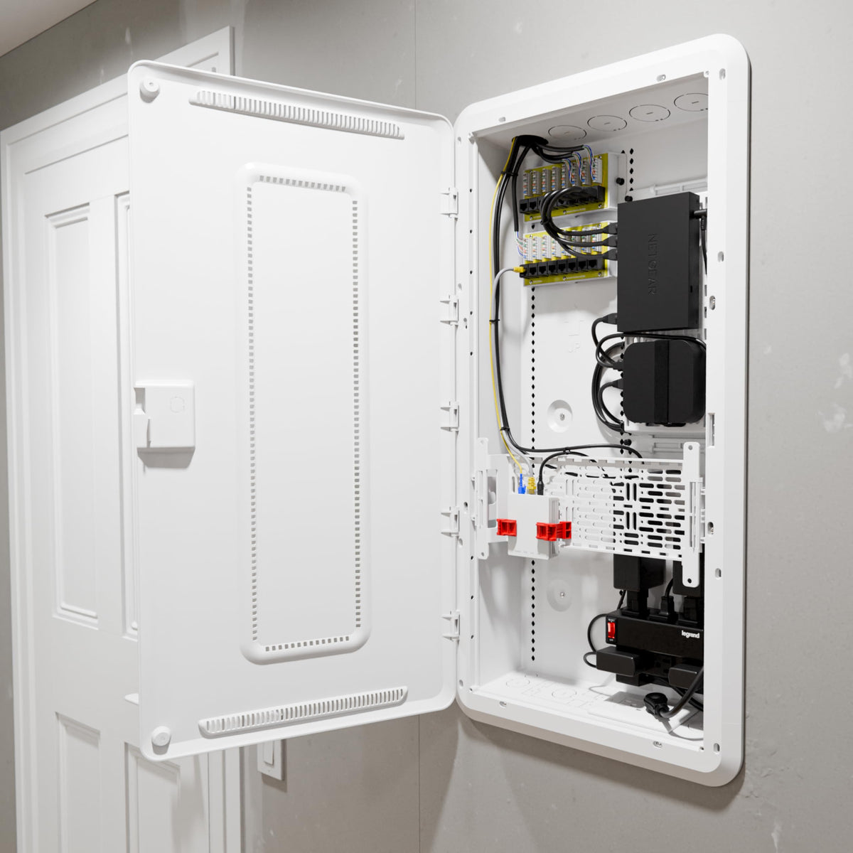 Legrand - On-Q 30 Inch Media Enclosure, WiFi Electrical Box, Cable Management Box for Distribution of Networking Service, Recessed Media Box Lets Signal Through, White, ENP3050NA