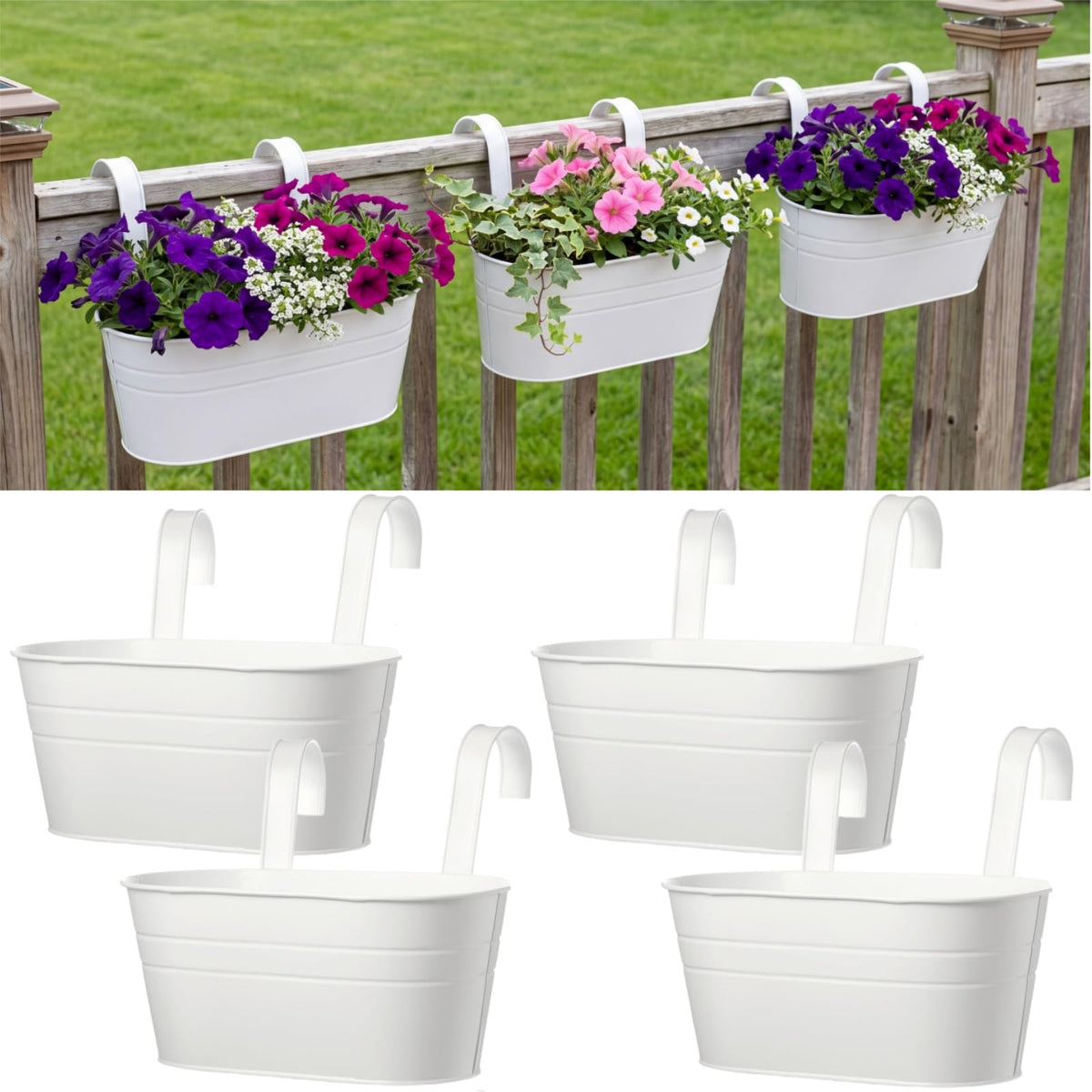 Hicarer 4 Pcs Metal Hanging Flower Pots for Railing Fence, 10.6 Inch Hanging Rail Planters for Outdoor Window Balcony Plants Holder with Hooks for Garden Yard Home Decor (White)