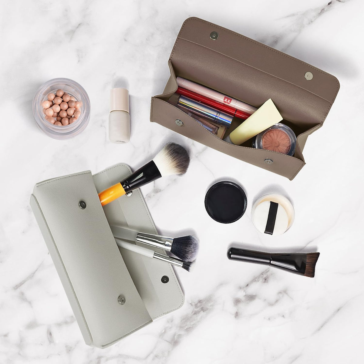 carrotez Stylish PU Leather Makeup Bag: Versatile Travel Toiletry Bag & Cosmetic Pouch, Small Makeup Organizer for Purse Essentials, Ideal Makeup Brush Holder & Sunglasses Case for Women - Cocoa Brown