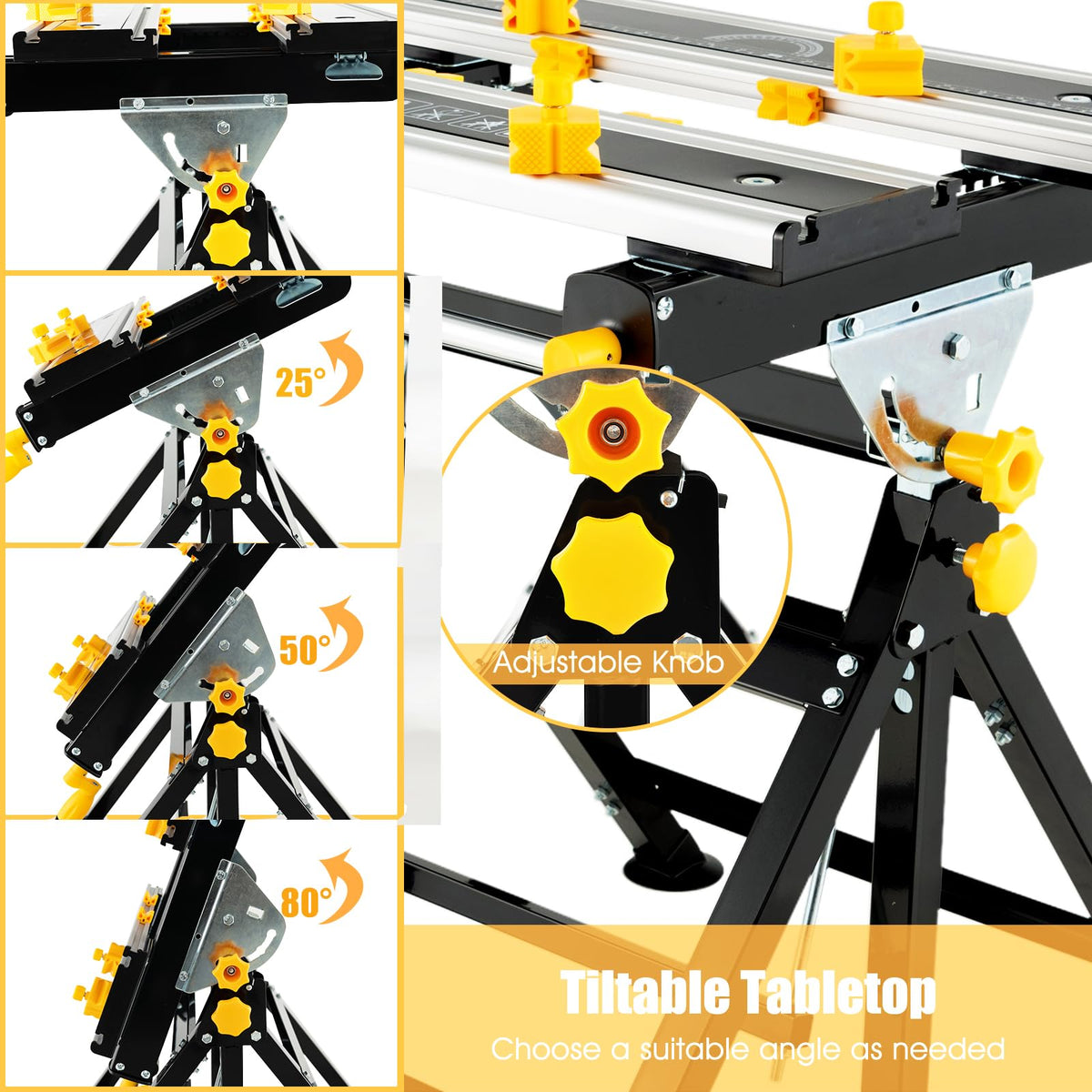 Toolsempire Portable Workbench, Folding Work Bench and Vise with 2 Rotary Handles, 7-Level Adjustable Height, 8 Sliding Clamps, Tiltable & Extendable Tabletop, Workbench Table for Garage, Workshop