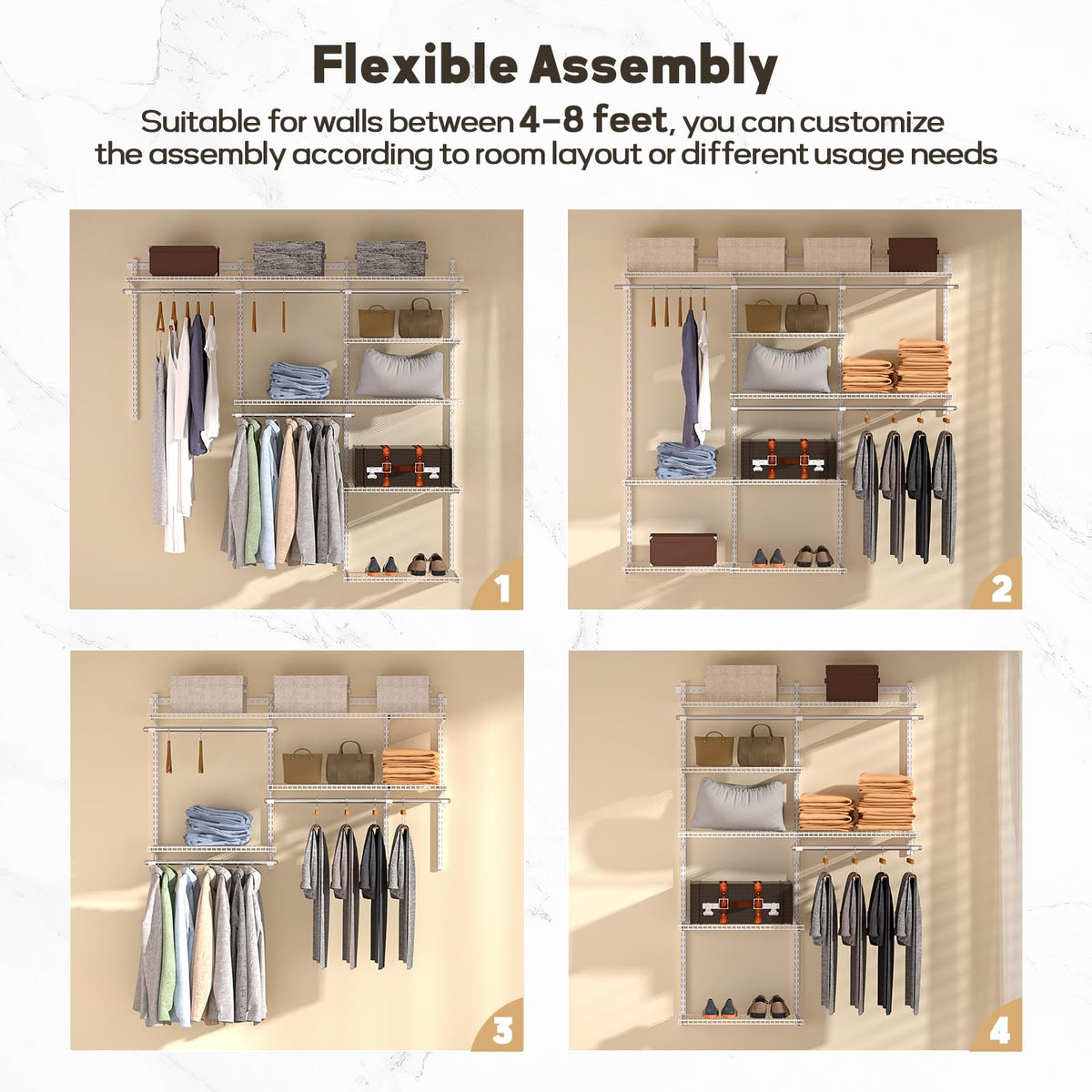 Homde Closet Organizer System Wall Mounted, 4-8 Ft. Adjustable and Expandable Metal Wire Shelving, Custom DIY Wardrobe Kit with Shelf, Clothes Hanging Rods, for Home Closet Laundry Mudroom