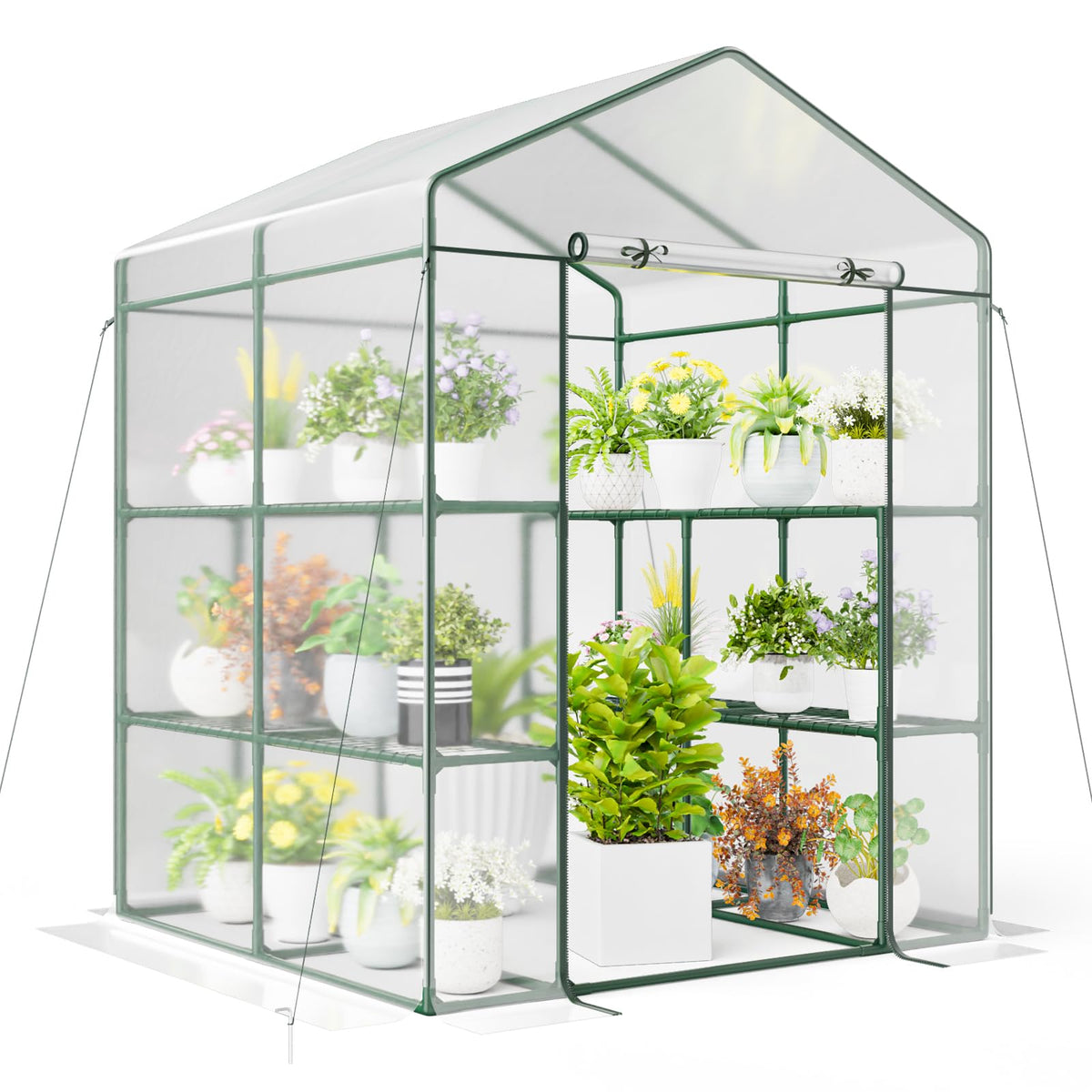 Happygrill Greenhouse, Portable Greenhouses for Outdoors w/8 Shelves, Roll-Up Zippered Door, 2 Observation Windows & 2 Tiers, Weather-Proof PE Cover, Wind Rope (Transparent, 55” x 57” x 77”)