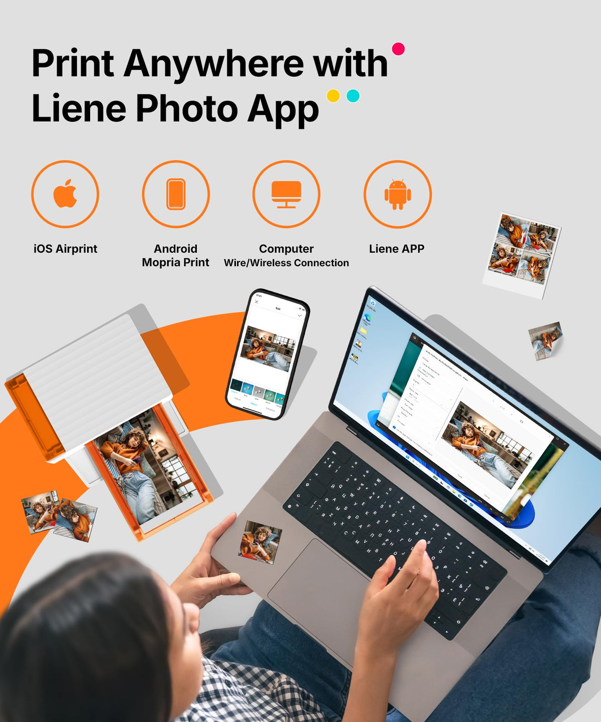Liene Amber M110 Bluetooth Photo Printer 80 Sheets, Portable Photo Printer for iPhone, Thermal Dye Sublimation, Picture Printer 60 Sheets 4x6 Paper & 20 Sheets 3" Square Sticker Paper & 2 Cartridges