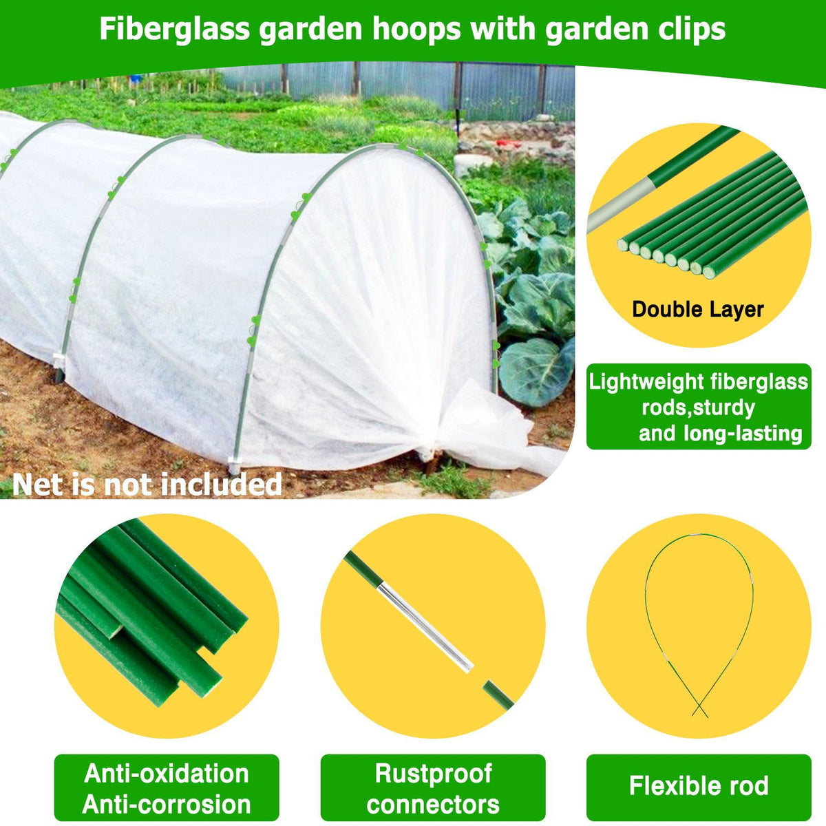 60pcs Garden Hoops for Raised Beds Wide, 8ft Greenhouse Hoops Grow Tunnel for Row Cover Netting, Adjustable Fiberglass Rust-Free Garden Bed Plant Hoops Support DIY Frame Stake for Outdoor, 40pcs Clips