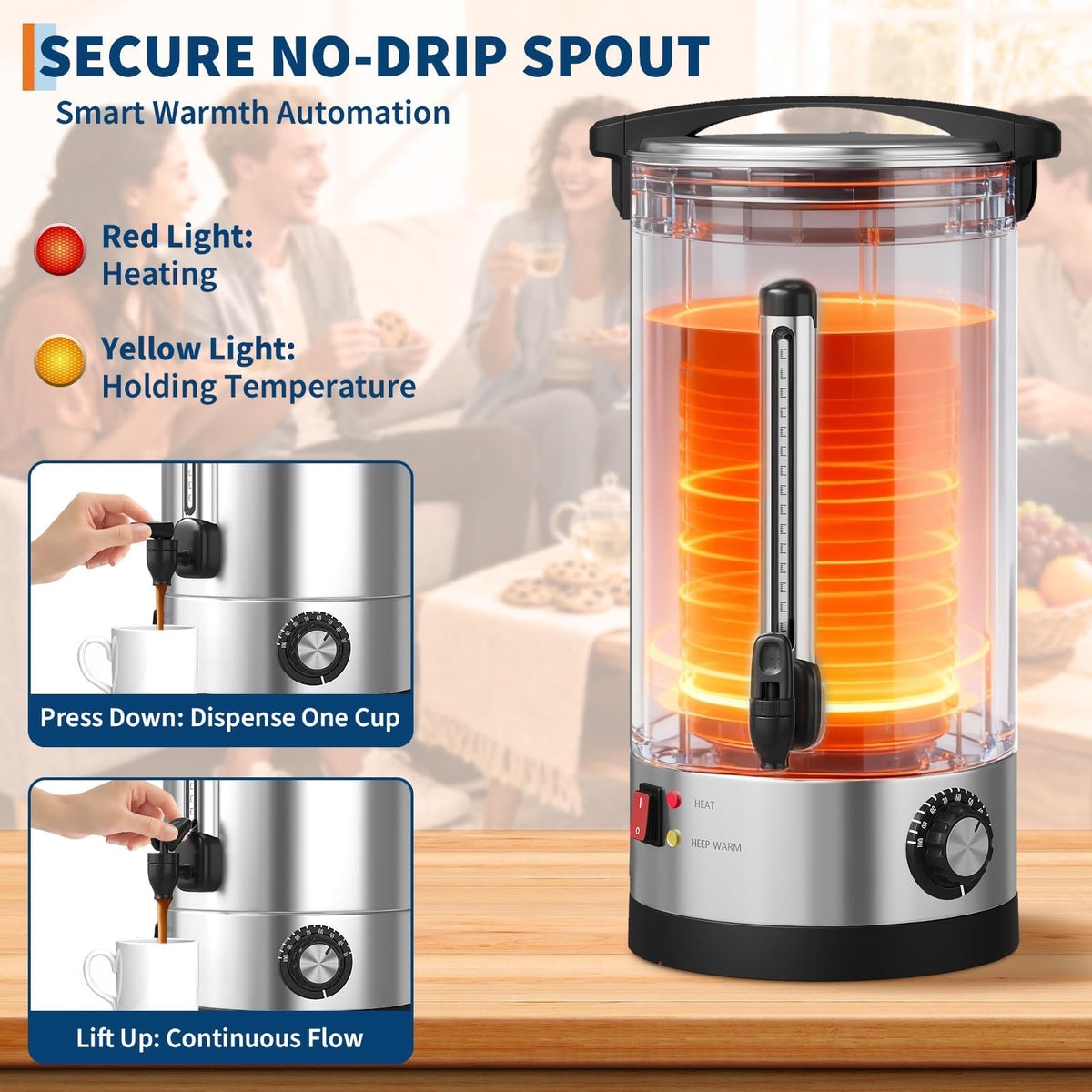 Sunvasagoo 110 Cups Double Wall Insulated Commercial Coffee Urn, 16L / 4.2 Gal Stainless Steel Hot Beverage Dispenser with Auto Temperature Control for Catering & Buffets, Silver