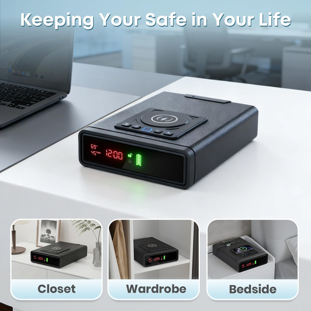 Biometric Fingerprint Gun Safe with Phone & Watch Wireless Charging, 3 Quick Access, Clock Handgun Safe with Adjustable Brightness, Backlit Keypad, Pistol safe for home, office.Gifts for Father's Day