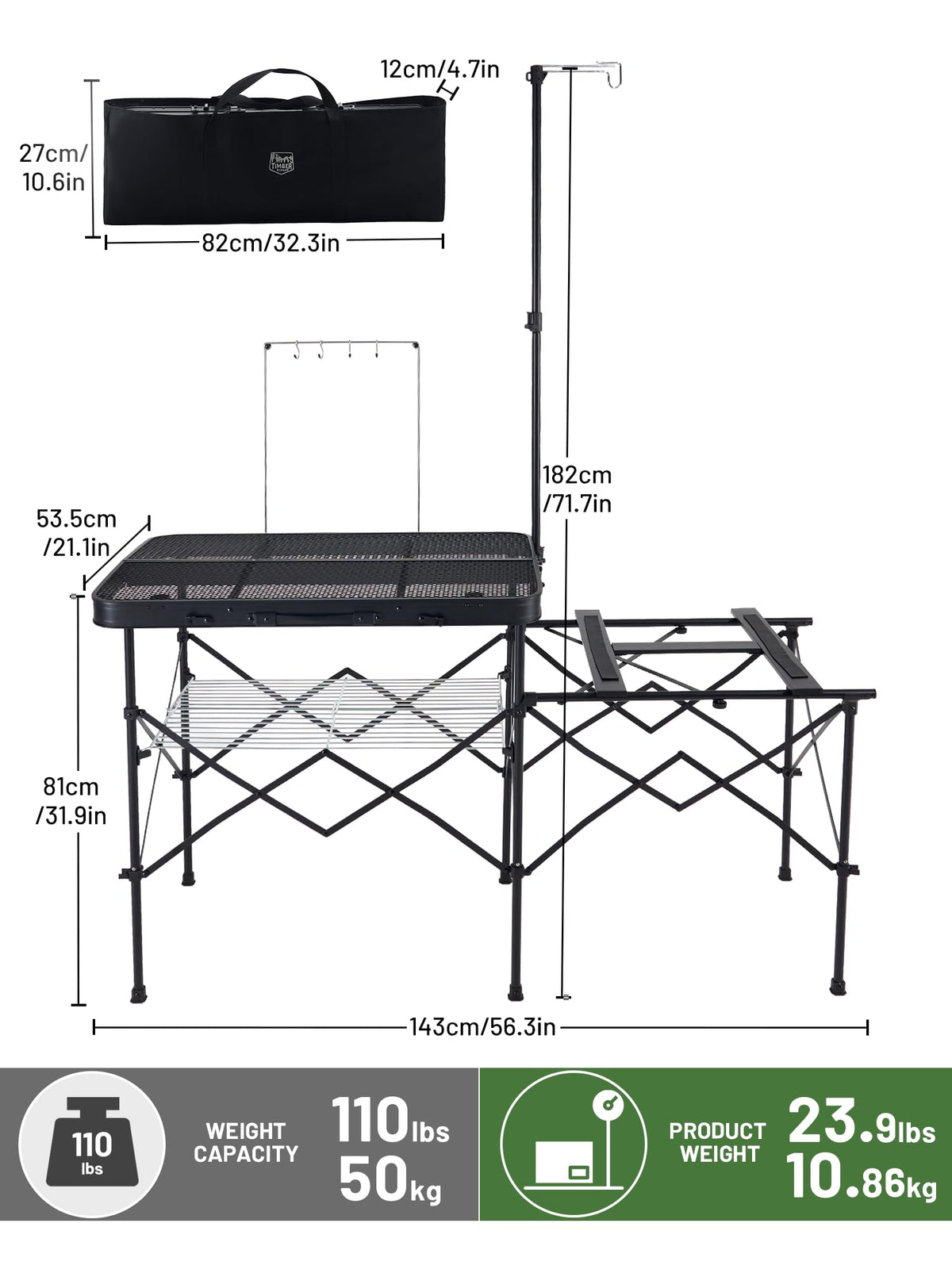 TIMBER RIDGE Portable Camping Kitchen Station, Folding Outdoor Cooking Grill Table with Heat-Resistant Steel Mesh Top & Storage Shelves, Heavy Duty Picnic RV Tailgating BBQ Easy Setup, 110lbs Capacity