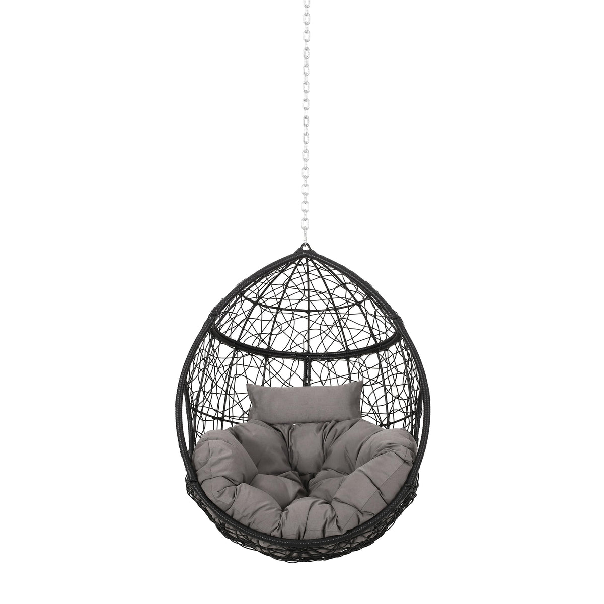 Merax Modern PE Wicker Egg Hanging Chair with Cushion, Outdoor Swing Rattan Chair for Balcony Bedroom, Backyard Gray+Black