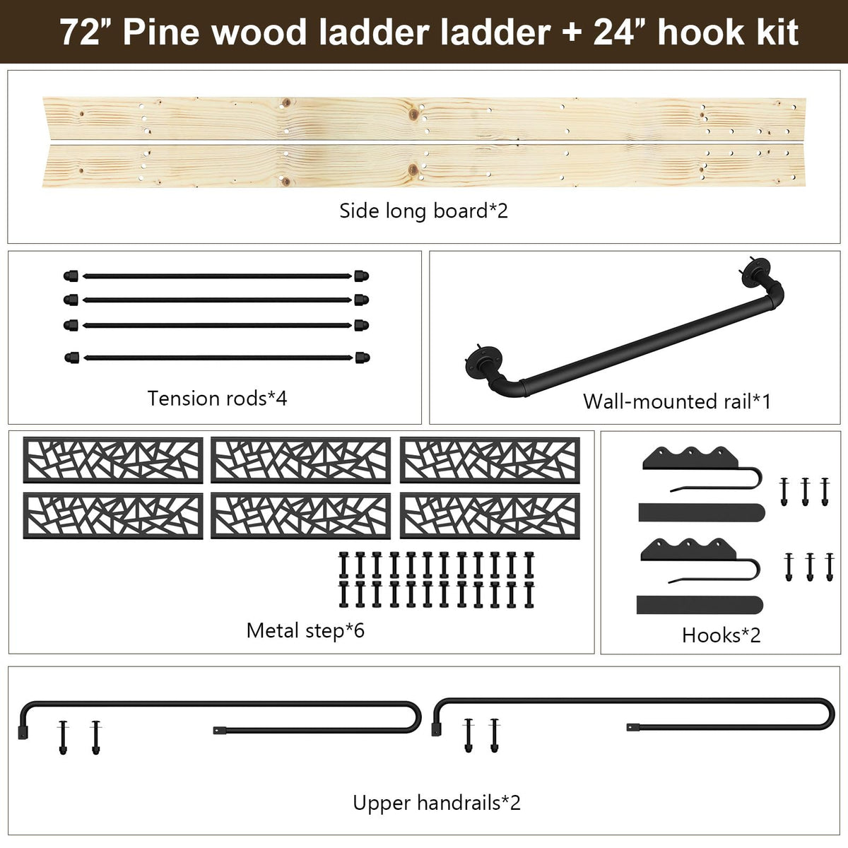 LKCBITION 72inch Knotty Pine Wood Library Ladder with Black Metal Step and Handle, Includes 24inch Rustic Black Wall Mount Pipe Railing with Hooks(Suitable Installation Height 70-5/8")