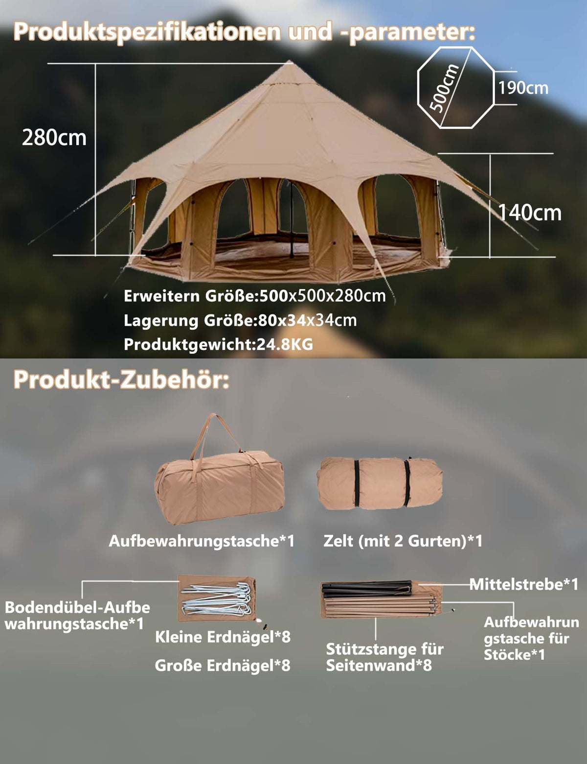 Thcbme 5M Cotton Canvas Bell Tent - Yurts with Stove Jack, Windproof, Breathable Shade, Family Camping Travel, Group Activities, 4 Season Polyester (6-10People), Khaki, 16.4ft (MXT16.4ft-KQ)