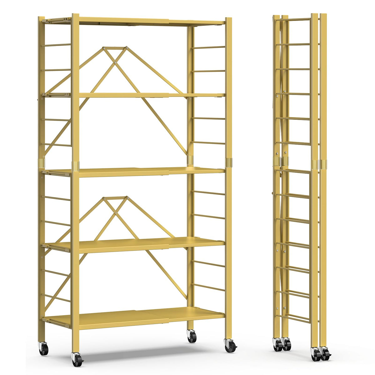 5 Tier Foldable Storage Shelves, Expandable Folding Shelving Units with Wheels, Changeable into 2 Shelf Units, Collapsible Adjustable Storage Rack Metal Shelves for Storage, Pantry, Garage, Gold