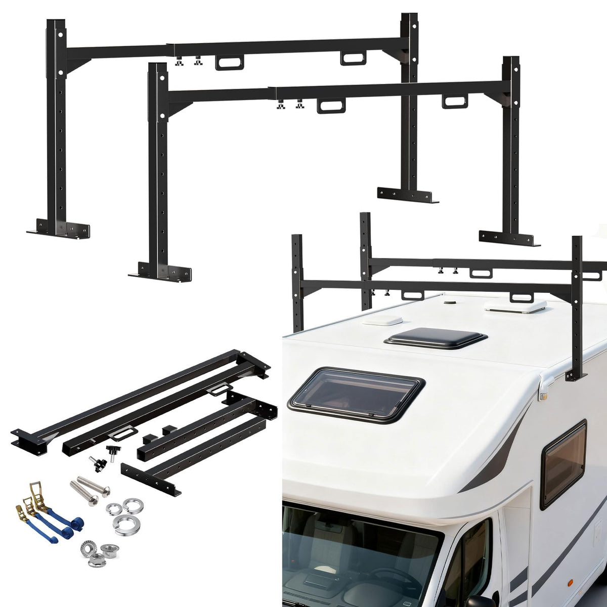 2 Pack Trailer Ladder Rack with 4 Straps, Heavy Duty Adjustable Ladder Rack for 4FT - 7FT Enclosed and Open Trailers, 400 LBS Capacity Truck Ladder Rack for Carrying Kayak, Ladder and Lumber, Black