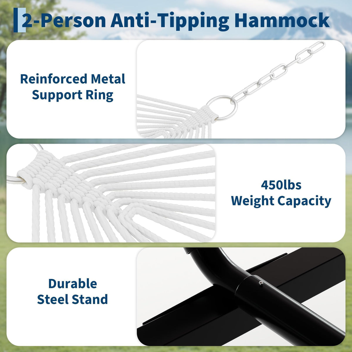 GarveeHome Portable 2 Person Double Hammock with Sturdy Heavy-Duty Steel Stand – 450LBS Max Load, Quick & Effortless Assembly, Perfect for Indoor Living, Yard, Patio & Camping Trips