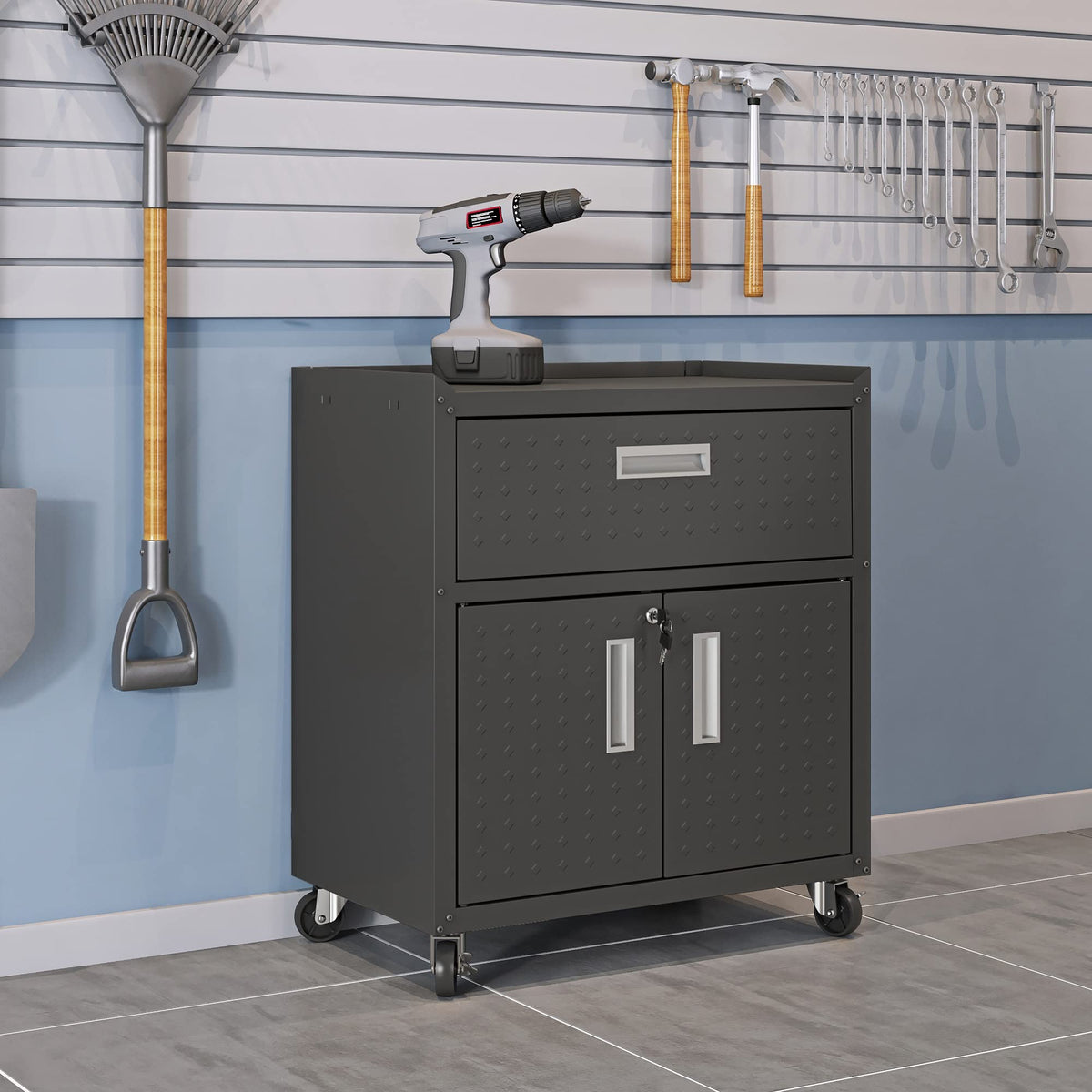 Manhattan Comfort Fortress Rolling Garage Storage Cabinet with Drawer & Adjustable Shelves, Lockable Metal Compartment for Tools, Heavy-Duty Mobile Utility Organizer with Wheels, Charcoal Gray