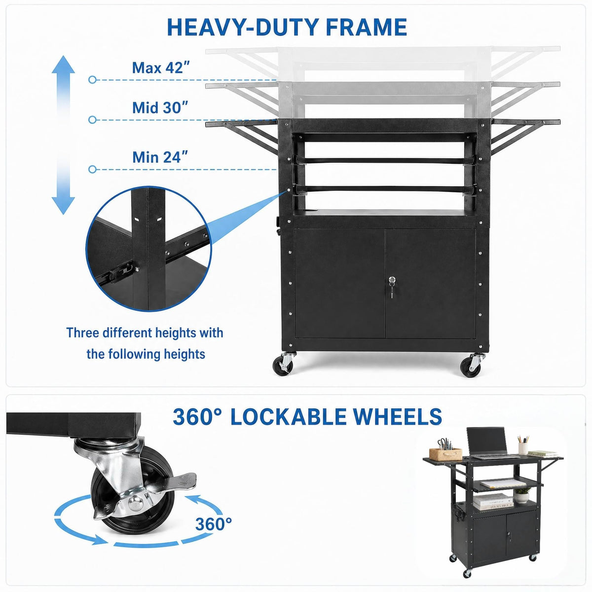 Mobile AV Cart with Lockable Cabinet, Adjustable Height Laptop Stand with Extension Rack, Drop Leaf Workstation, Extra Storage Space, Power Strip Included, Rolling Utility Cart