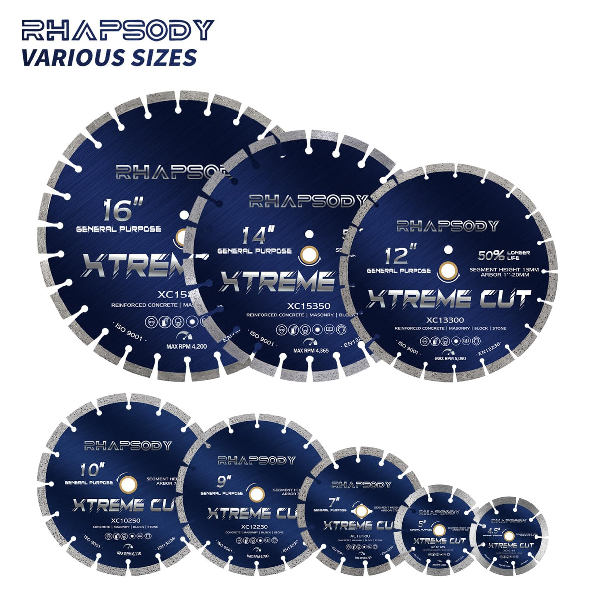 RHAPSODY 9 Inch Diamond Saw Blade, Segmented General Purpose Blade Dry/Wet Cutting Concrete, Granite, Masonry, Brick, Block,7/8"-5/8” Arbor