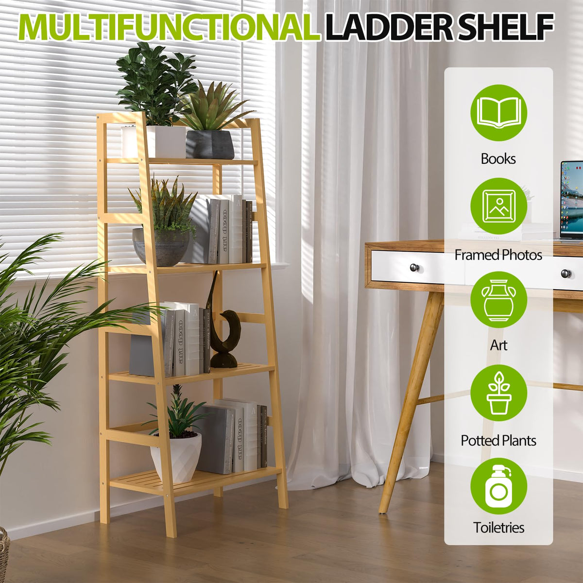 Thalomely Bamboo Bookshelf, 4-Tier Ladder Shelf Freestanding Space Saver Open Bookcase Book Shelf, Bamboo Storage Shelving Unit Flower Plant Stand for Living Room, Bathroom, Home Office, Natural