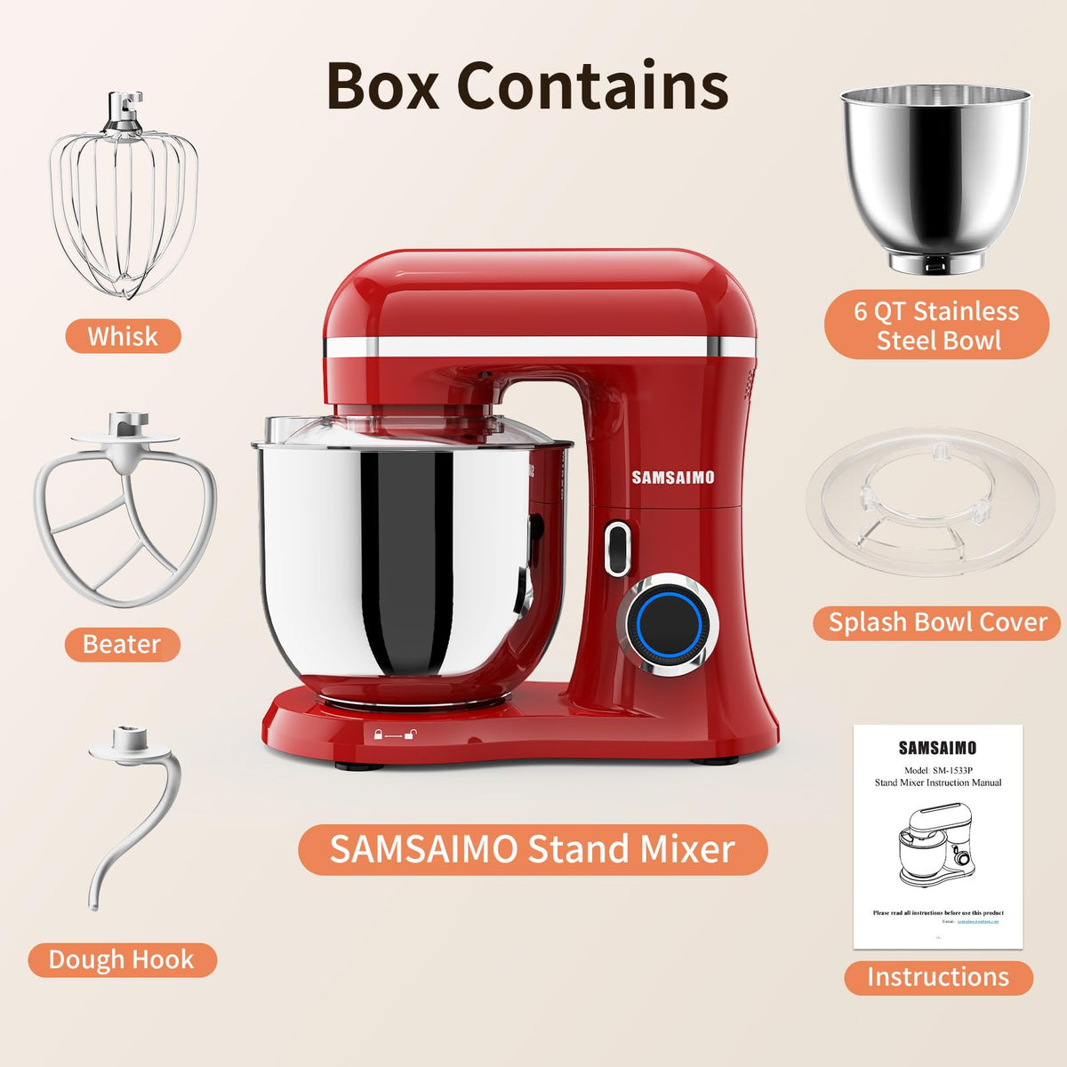 SAMSAIMO 3-IN-1 Electric Stand Mixer, 10-Speed With Pulse Button, Attachments include 6.5QT Bowl, Dough Hook, Beater, Whisk for Most Home Cooks (Empire Red)