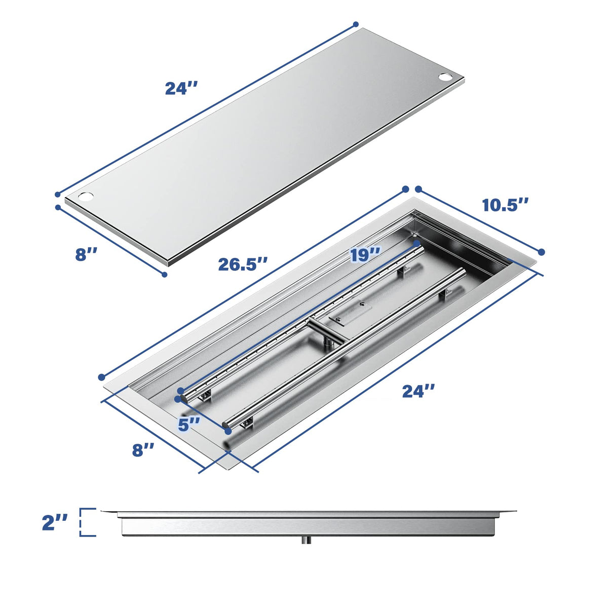 Skyflame Rectangular Stainless Steel Drop-in Fire Pit Pan and Burner with Burner Cover, 24 by 8 Inch Burning Area