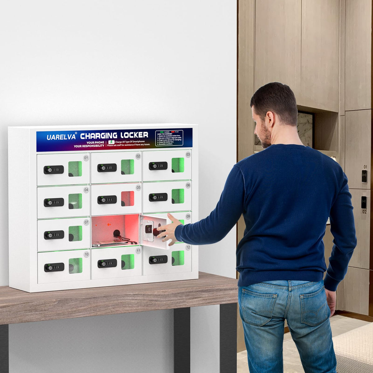 UARELVA Metal Locker 12 Slots Storage Cabinet with Password Lock | Cell Phone Charging Station Locker | White Steel Storage Lockers for Employees,Schools,Hotel,Library,Gym