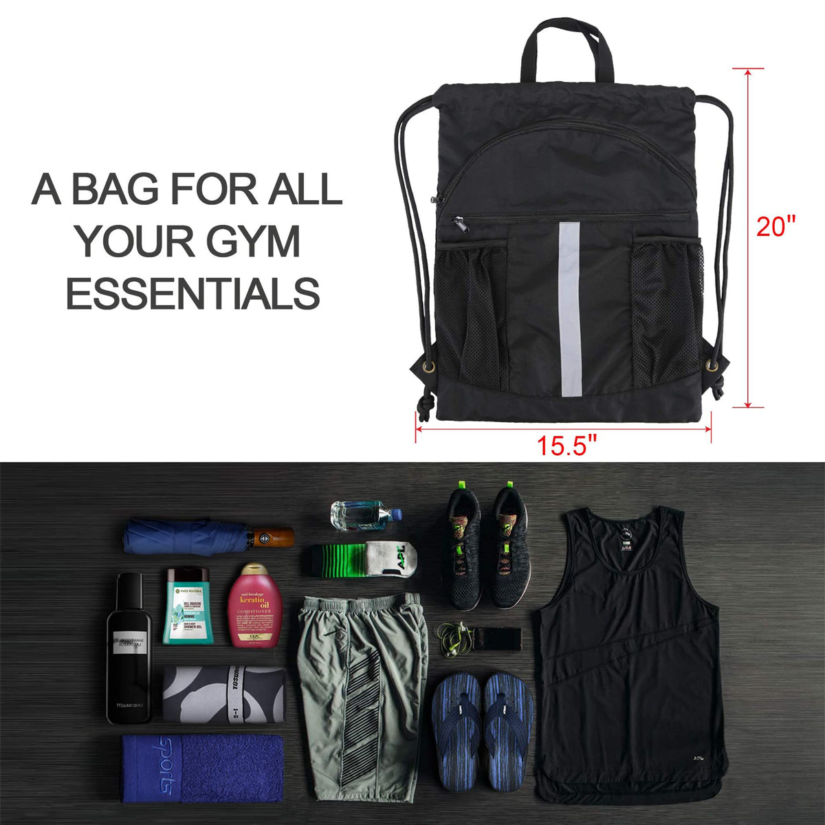 BeeGreen Drawstring Backpack Bag with Shoe Compartment, X-Large Black Gym Sports String Cinch Backpack, Athletic Sackpack with Front Inside Zipper Pockets