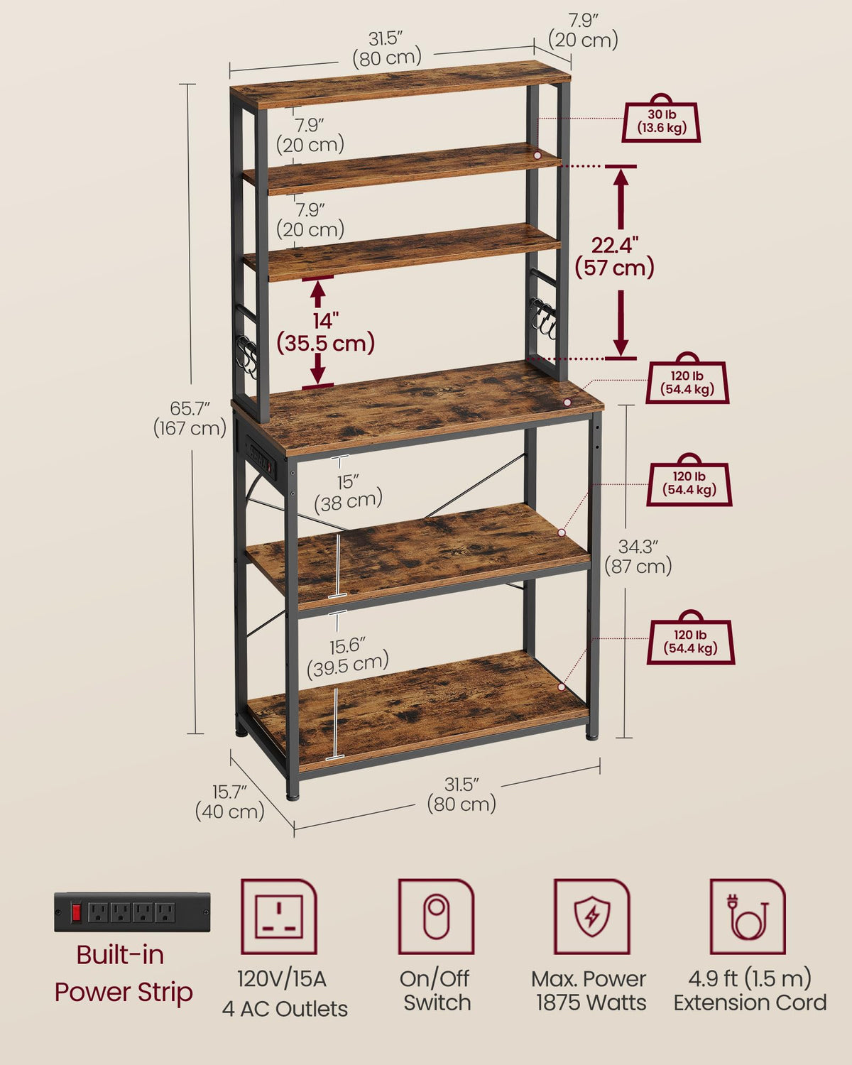 VASAGLE Bakers Rack with Power Outlet, 31.5 Inches Coffee Bar for Kitchen with Storage, 6-Tier Kitchen Shelves with 6 Hooks, Microwave Stand, Industrial, Rustic Brown and Ink Black UKKS119K01