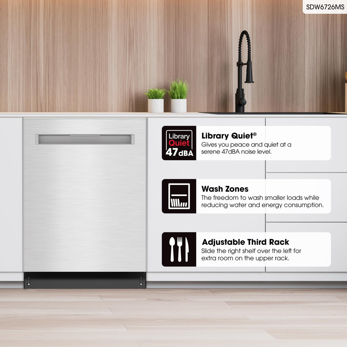 Sharp SDW6726MS 24-inch Stainless Steel Dishwasher, 47 dB Library Quiet, Third Rack, Power Wash Sprayer, 12 Place Settings,
