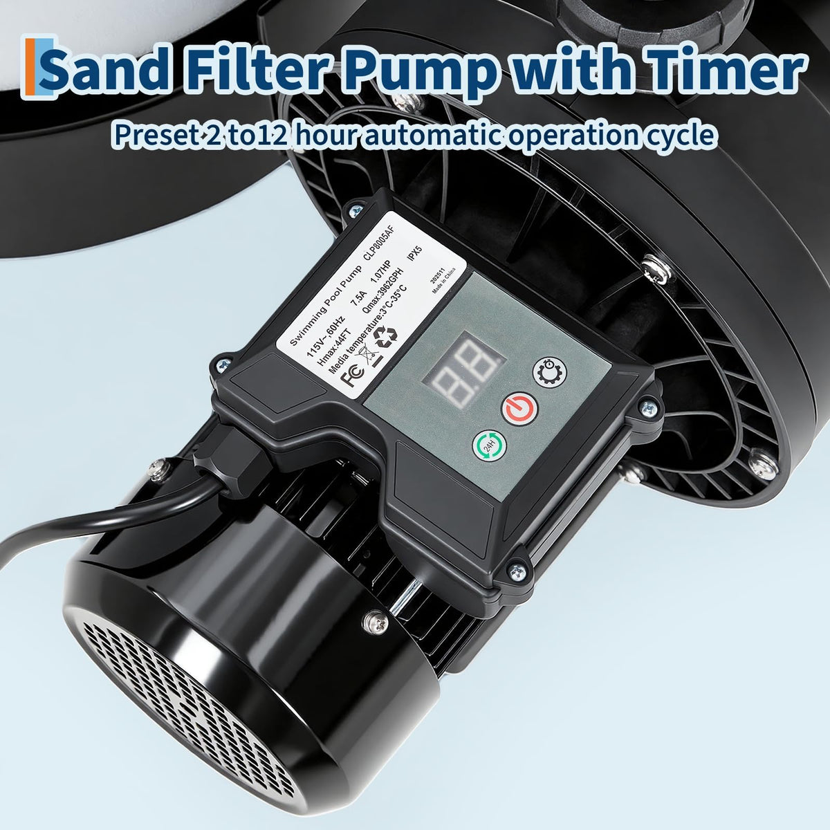 19" Sand Filter Pump for Above Ground Pool with Timer, 1.5HP Swimming Pool Pump & Sand Filter System with 7-Way Valve & Strainer Basket, Pool Pumps Above Ground, Leak-Resistant, 6075GPH, Grey
