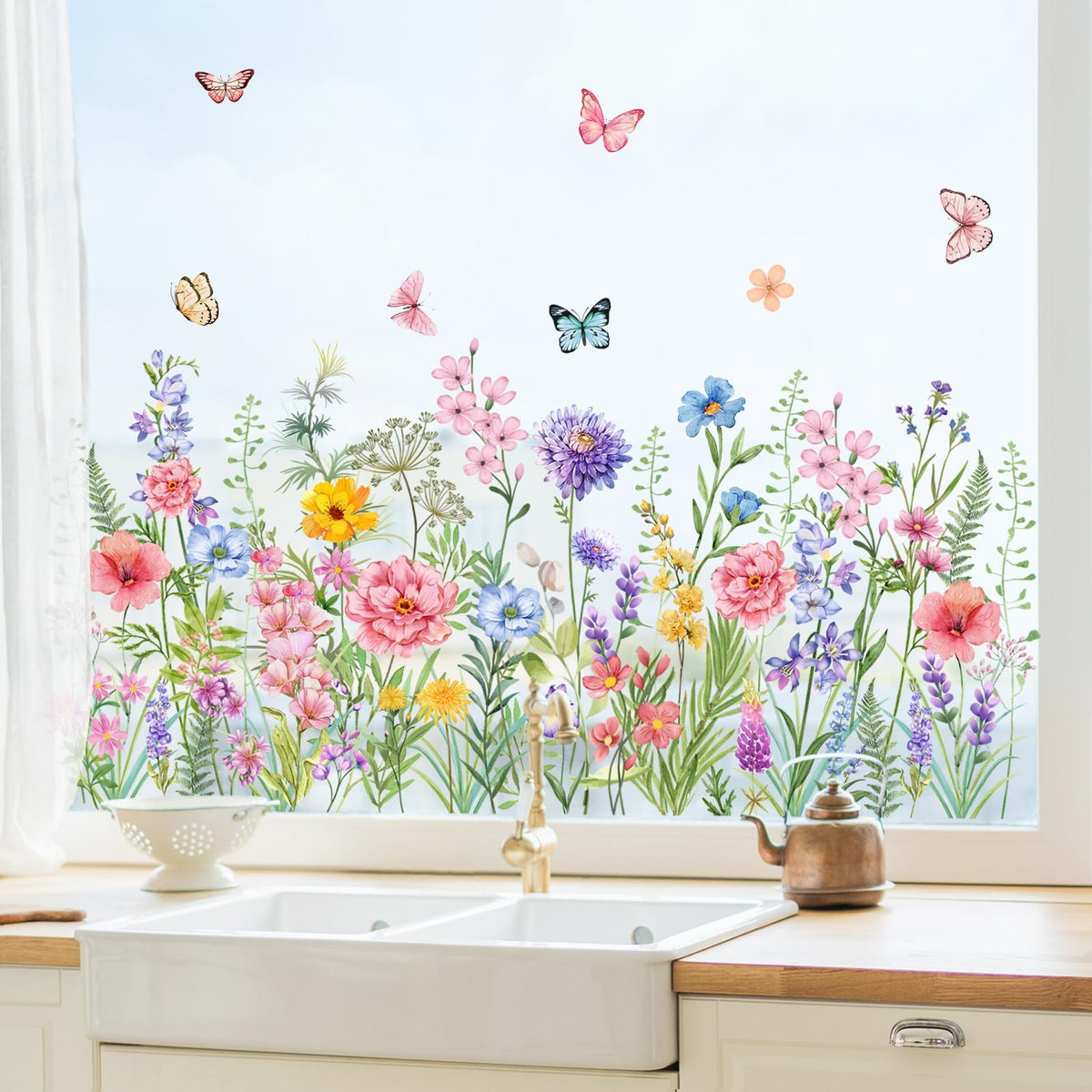 Supzone Colorful Wildflower Static Window Clings Double Sided Spring Summer Flower Butterflies Window Decals Anti-Collision Glass Door Mirror Decals