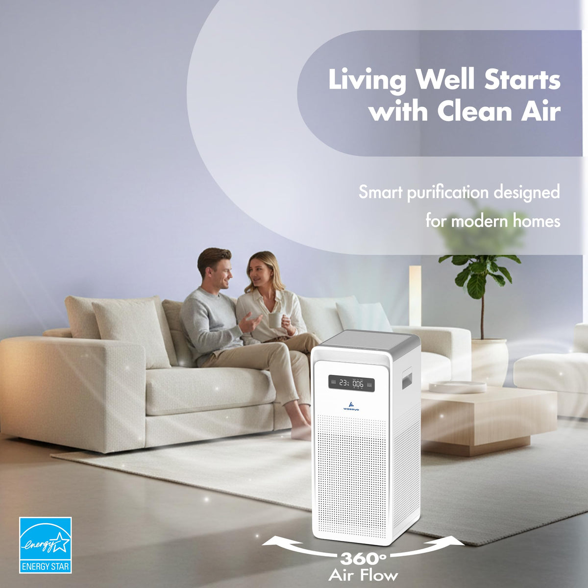 Pure Air PA6 Smart Wozoyo Air Purifier for Large Rooms, AHAM VERIFIDE, Covers 2723 ft², 363 CFM, H13 HEPA, Filters PM2.5, Odors, PM Display, Turbo Mode, App & Voice Control